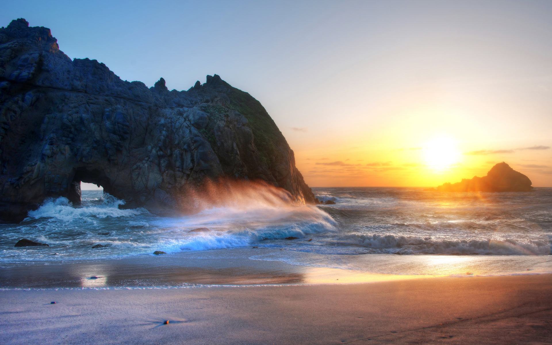 idyllic, big, sky, sunset, solid, Nature, sun, non-urban scene, sur, rock, sea, motion, california, tranquil scene, land, wave, 1080P, flowing water, landscape, HD Wallpaper