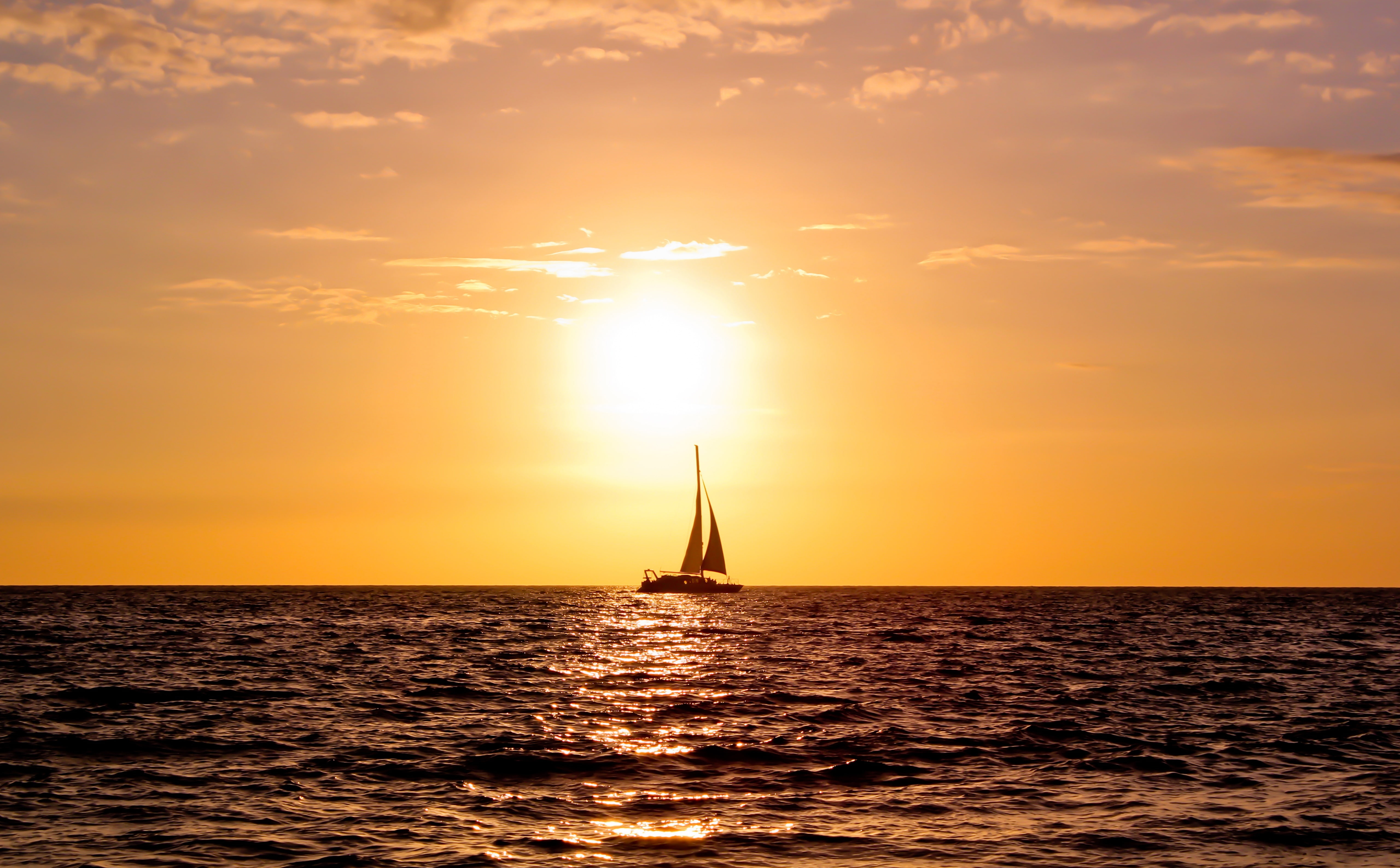 orange color, big island, Beach, water, hd, sea, boat, Travel/Islands, scenics - nature, transportation, beauty in nature, Sunset, outdoors, HD Wallpaper