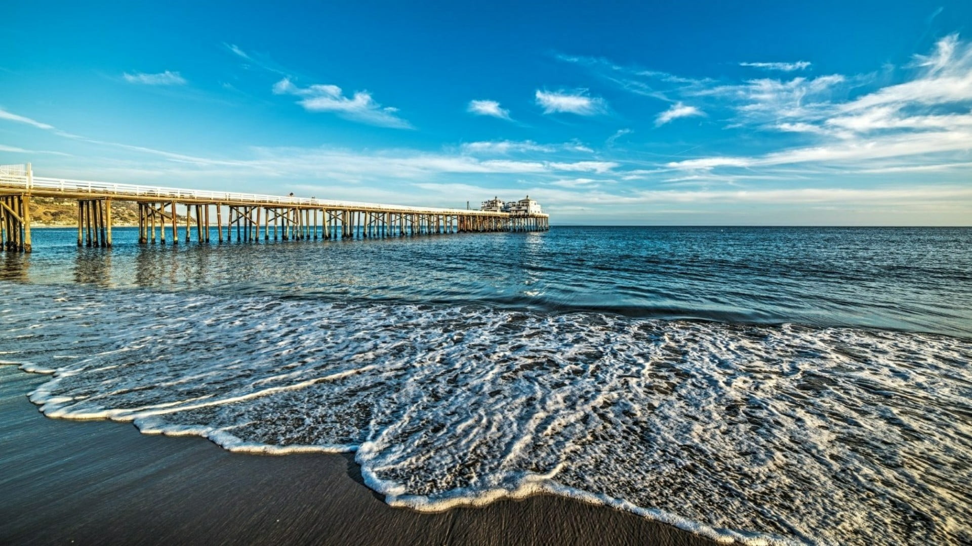 calm, no people, malibu pier, architecture, nature, day, cloud, beauty in nature, tranquil scene, malibu, coast, water, built structure, usa, california, HD Wallpaper
