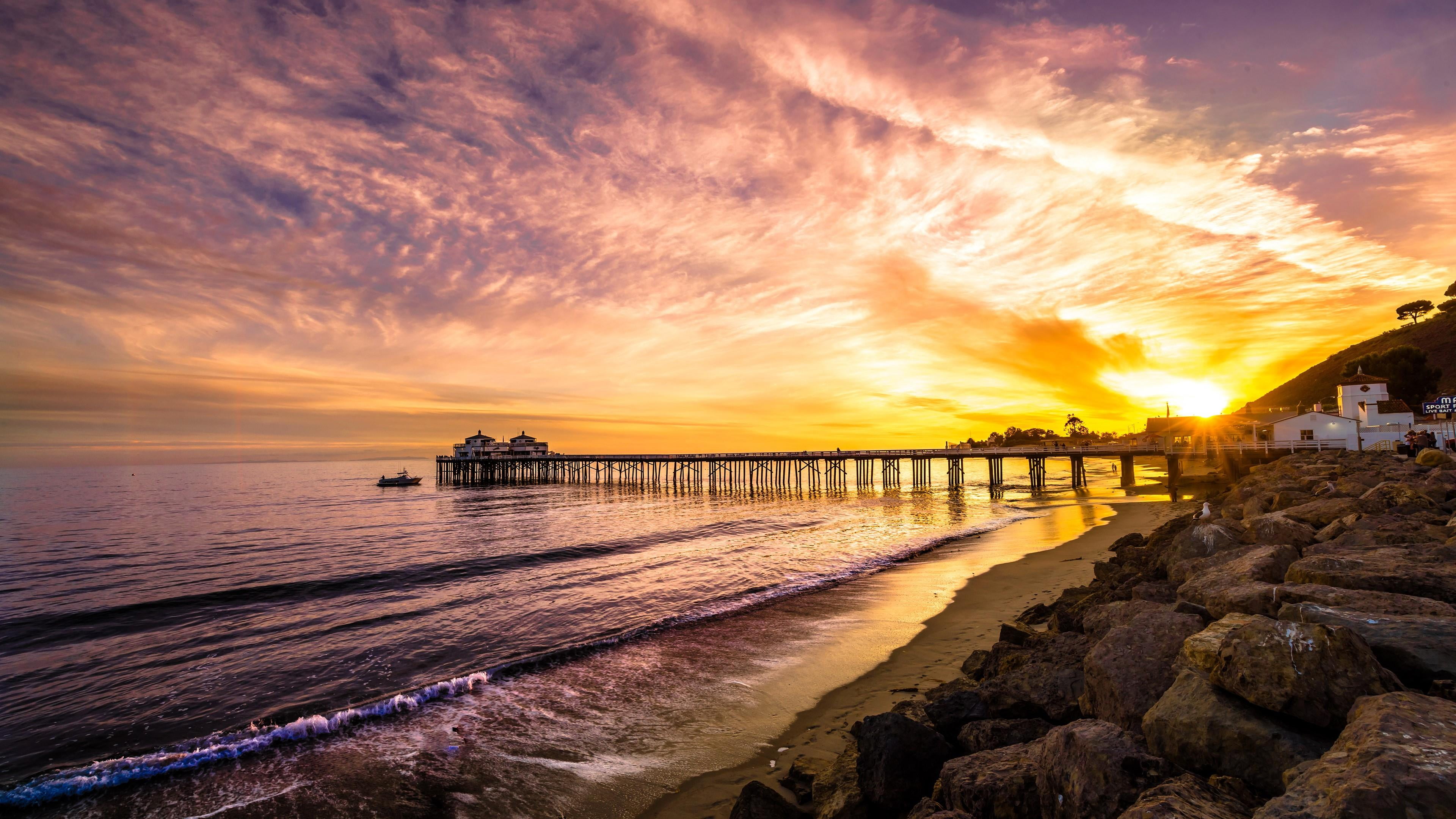 usa, outdoors, tranquil scene, sky, sea, united states, orange color, evening, sunset, cloud - sky, idyllic, horizon over water, architecture, shore, water, HD Wallpaper