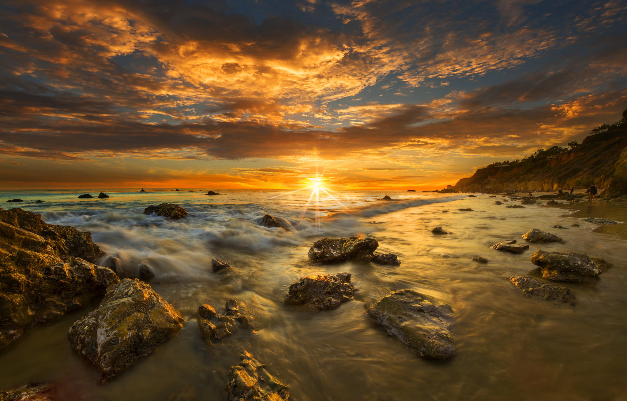 beach, water, nature, tranquility, Malibu, 1080P, idyllic, horizon over water, orange color, beauty in nature, CA, USA, sky, rock - object, sea, land, HD Wallpaper