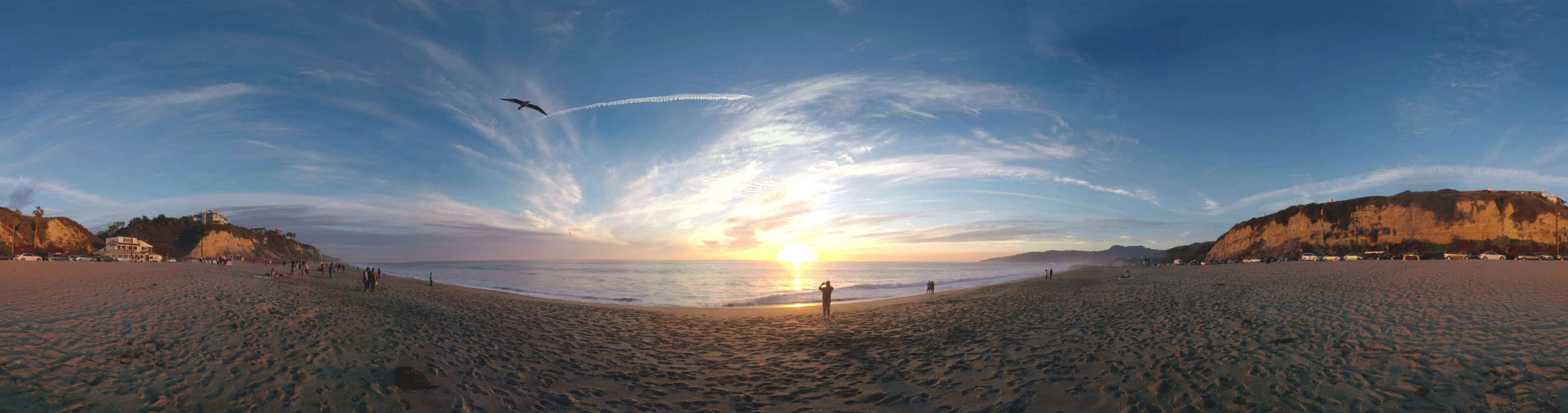 nature, scenics - nature, sand, beach, sun, outdoors, flying, panoramic, water, tranquil scene, no people, sky, bird, sea, 4K, sunset, cloud - sky, beauty in nature, HD Wallpaper