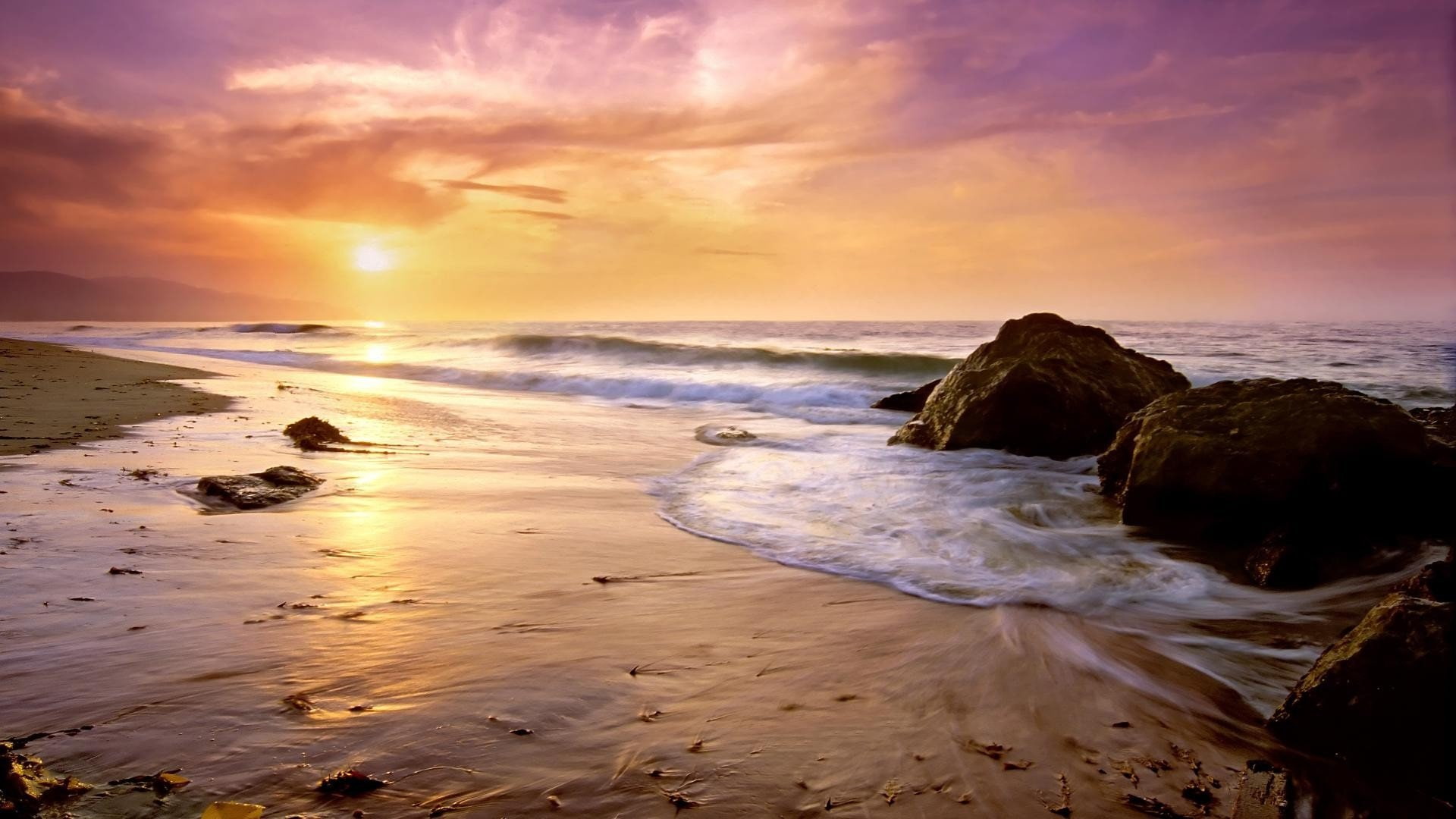 Sea, Rock, Earth, Beach, Sunset, Ocean, Horizon, Malibu, 1080P, HD Wallpaper