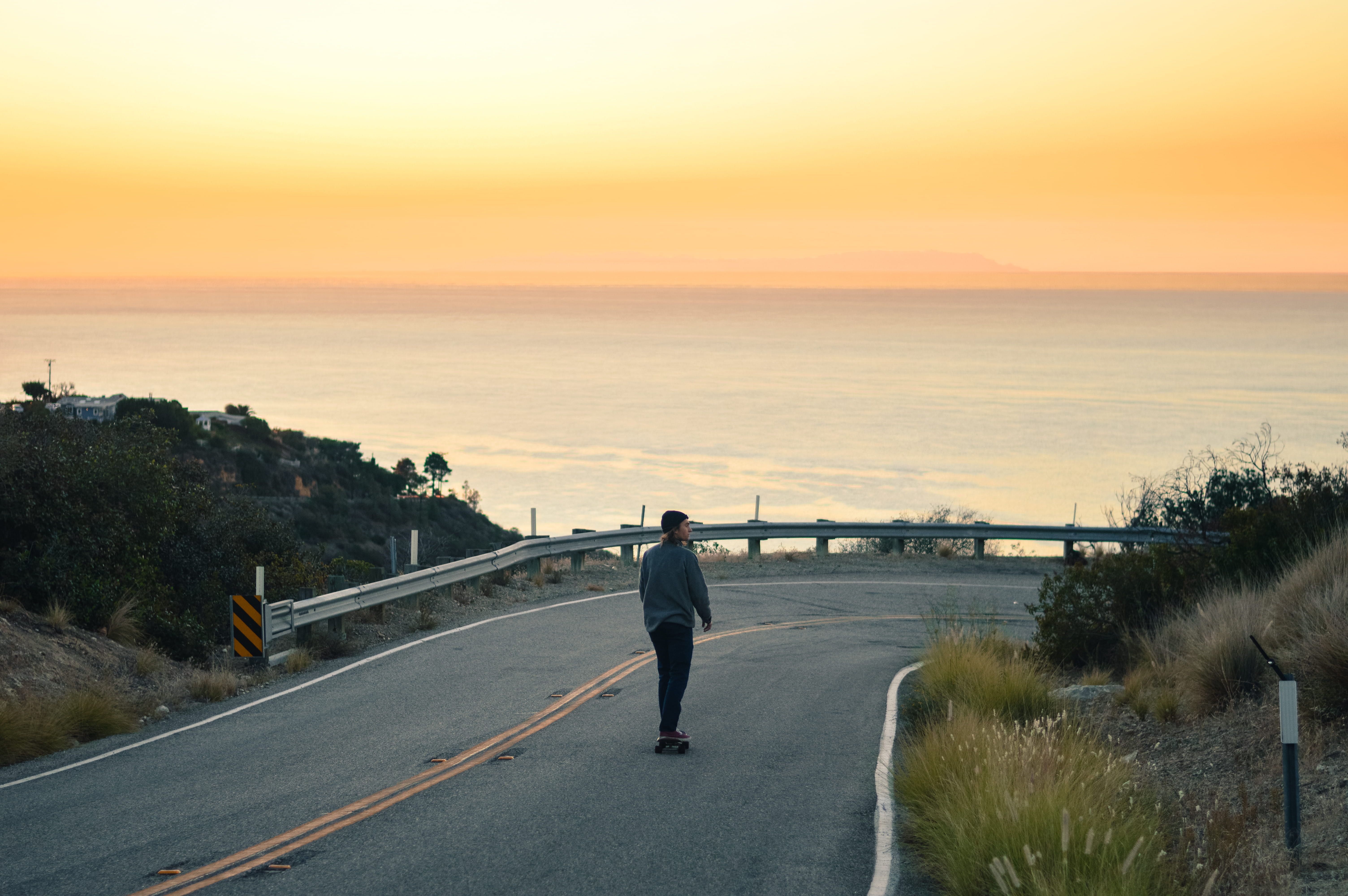 beauty in nature, scenics - nature, transportation, outdoors, water, sky, united states, sunset, shredding, road, men, skating, horizon, nature, leisure activity, HD Wallpaper