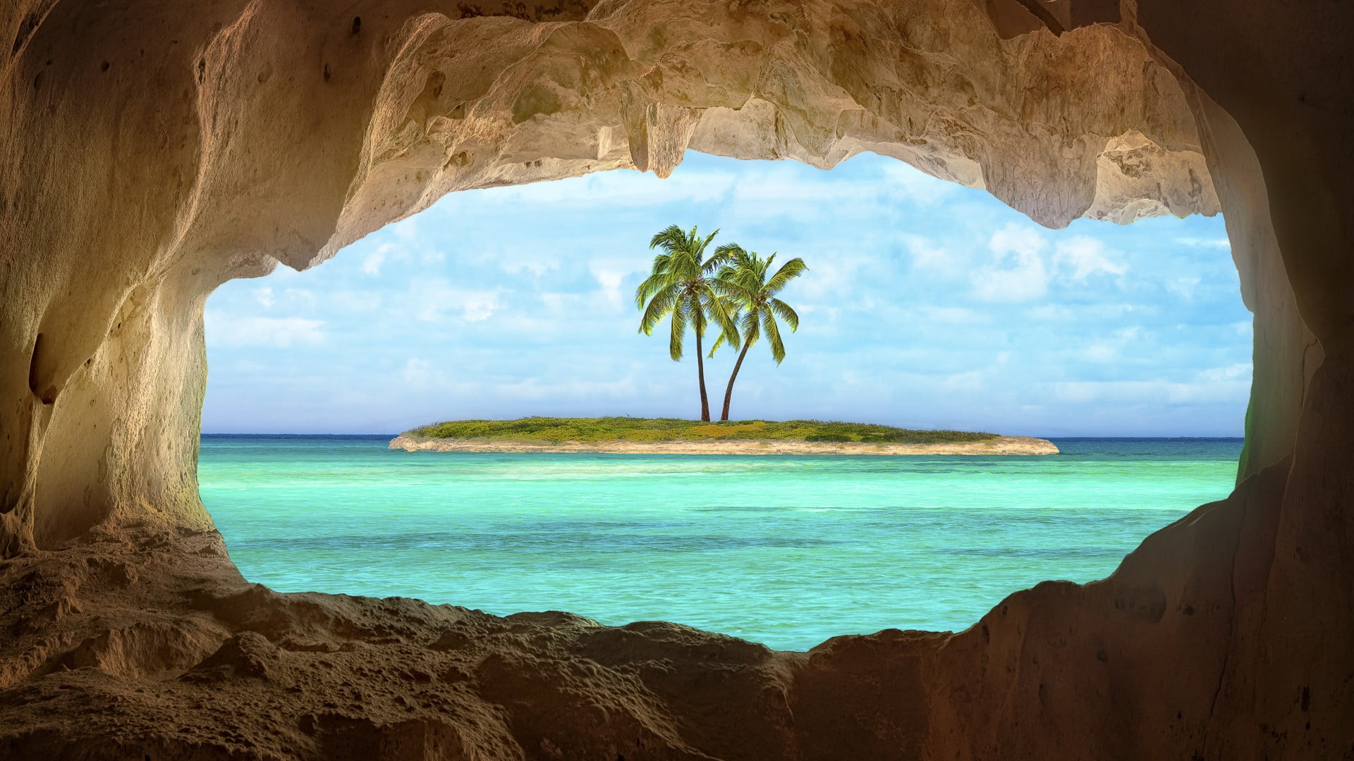 water, turquoise colored, blue, scenics - nature, area, 1080P, land, print, horizon, coconut palm tree, palm trees, plant, tranquility, tranquil scene, HD Wallpaper
