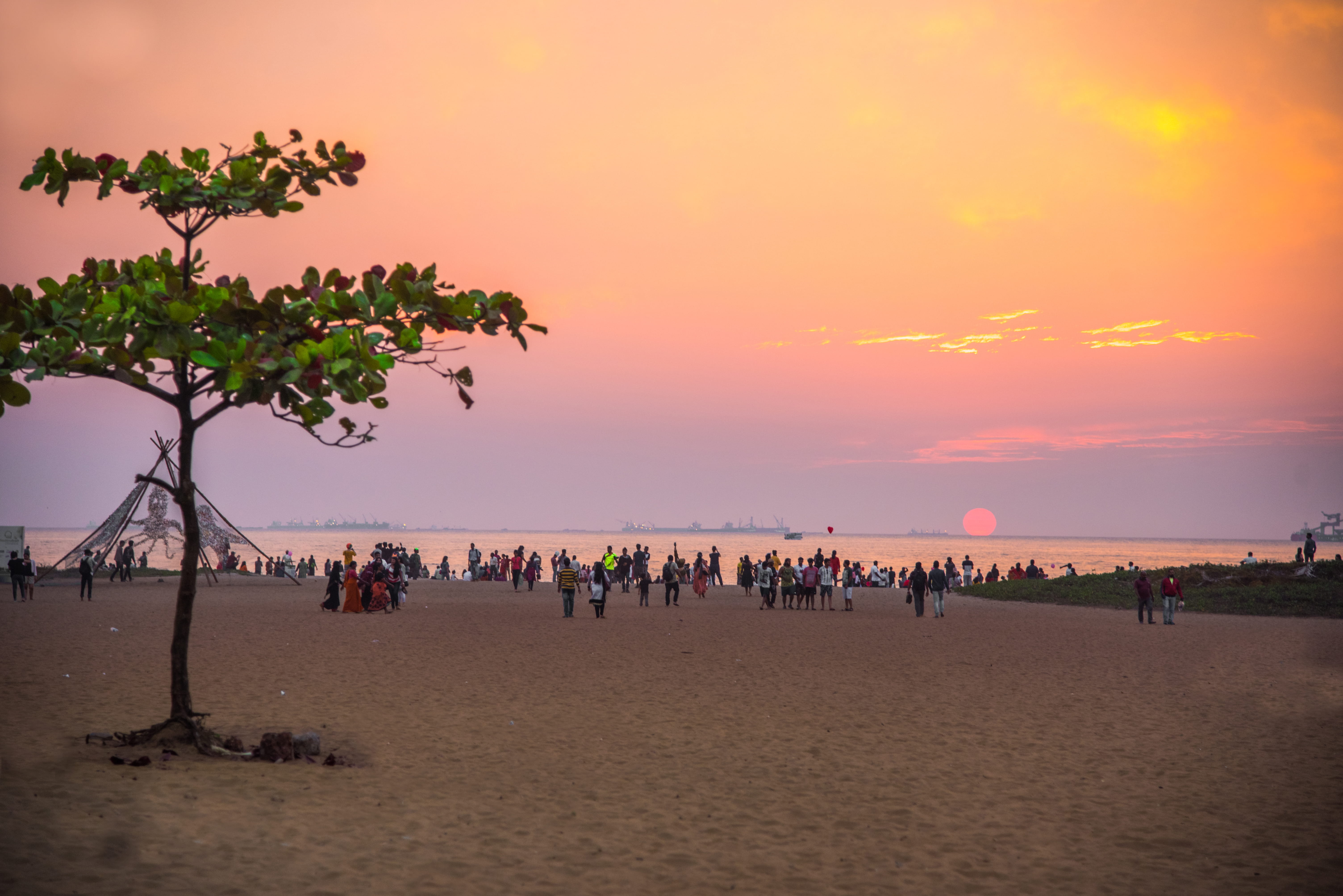 beaches of goa, orange, land, sunsetting, outdoors, travel, beauty in nature, horizon over water, goa beaches, goa beachs, sea, plant, group of people, HD Wallpaper