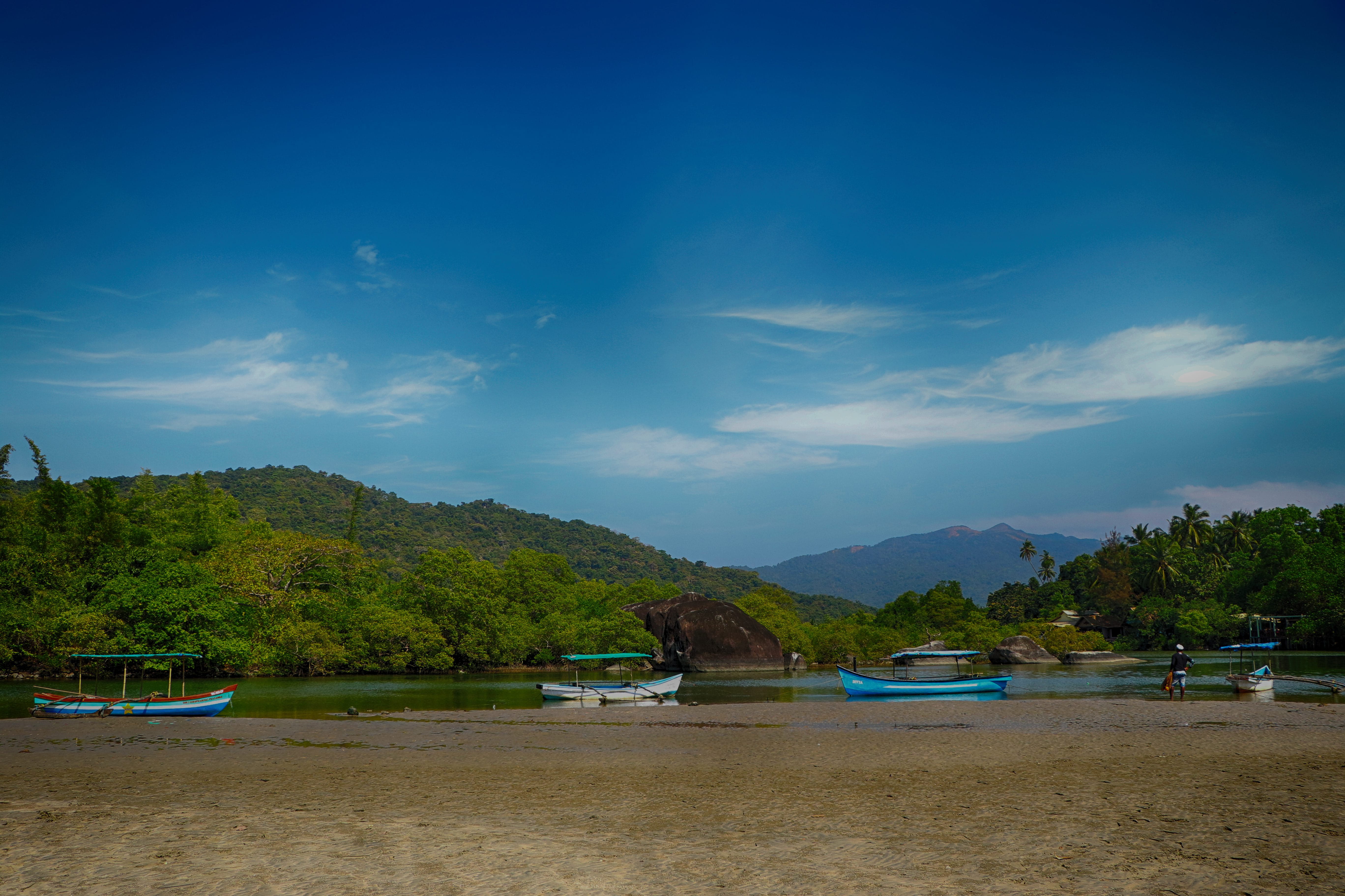 transportation, blue, lake, mode of transportation, scenics - nature, cloud - sky, yacht, tranquil scene, mountiens, 5K, water, tree, outdoors, forest, HD Wallpaper