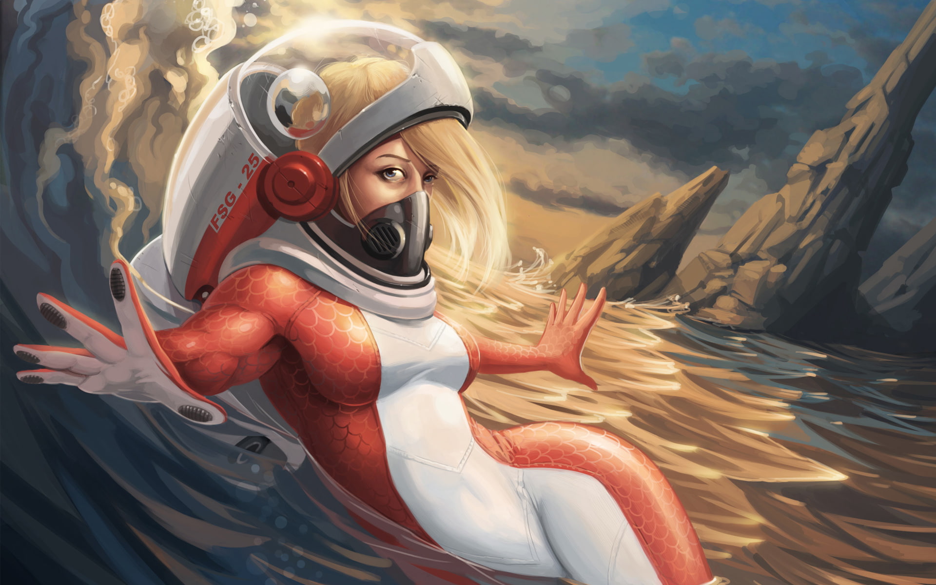 sea, sunset, wave, rocks, scuba, 1080P, girl, costume, future, art, HD Wallpaper