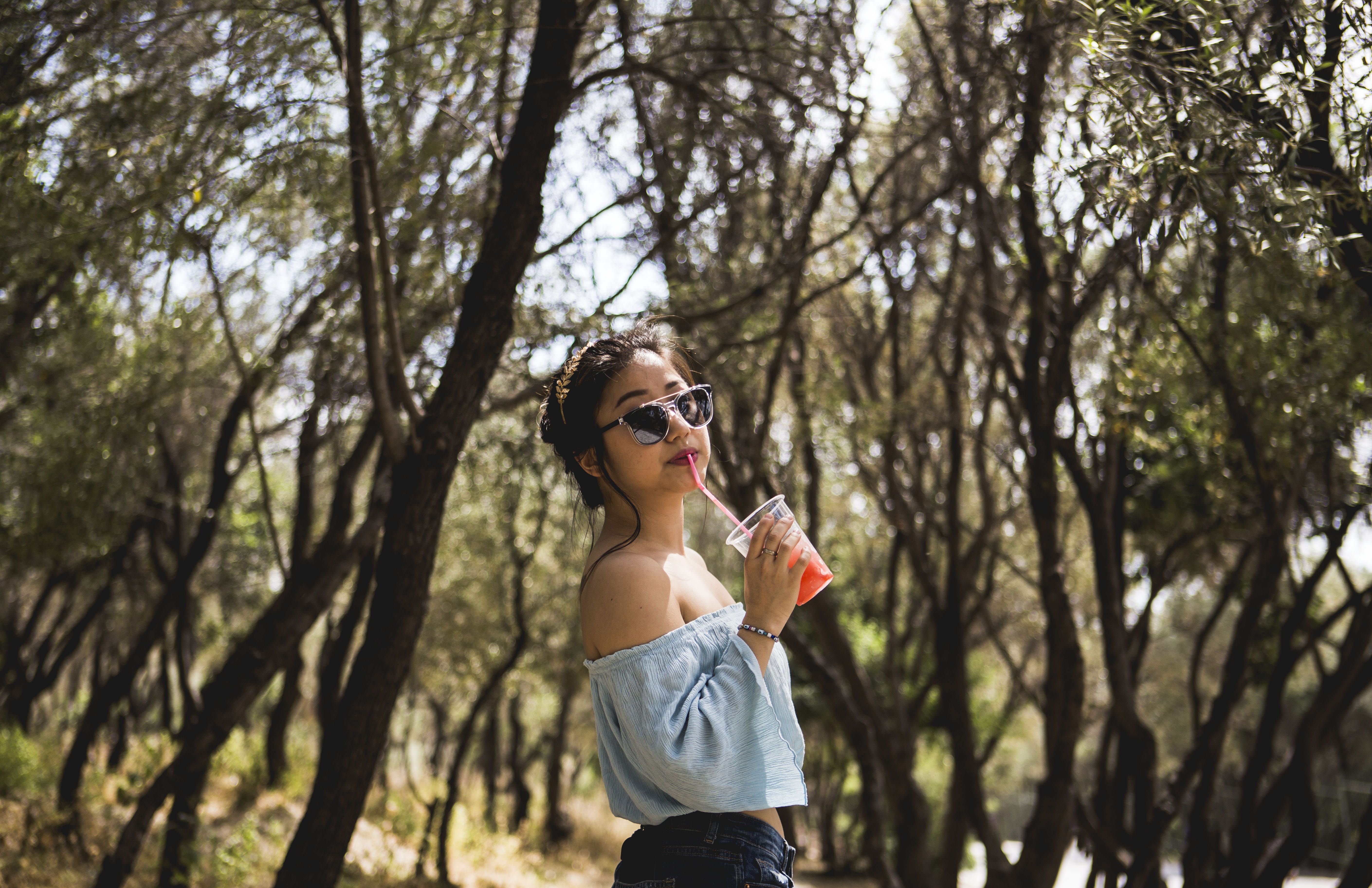 near, nature, one woman only, three quarter length, standing, only women, fashion, 5K, sipping, fun, real people, trees, cheerful, caucasian Ethnicity, HD Wallpaper