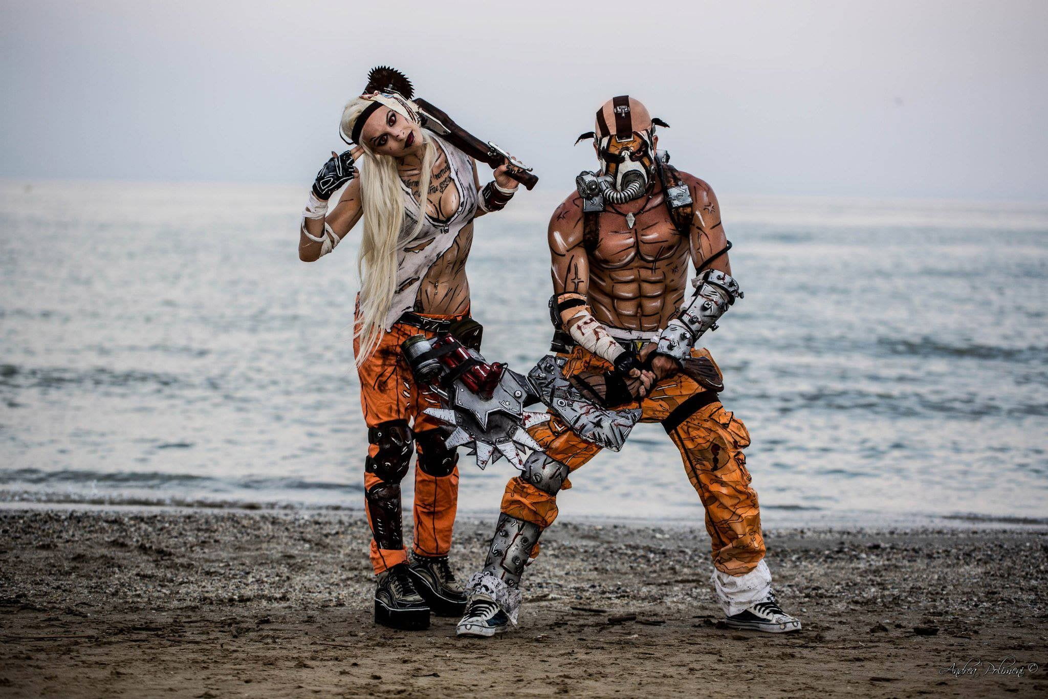day, outdoors, cosplay, adult, full length, Psycho, horizon over water, sport, women, water, men, land, people, beach, horizon, fun, strength, sea, Borderlands, HD Wallpaper