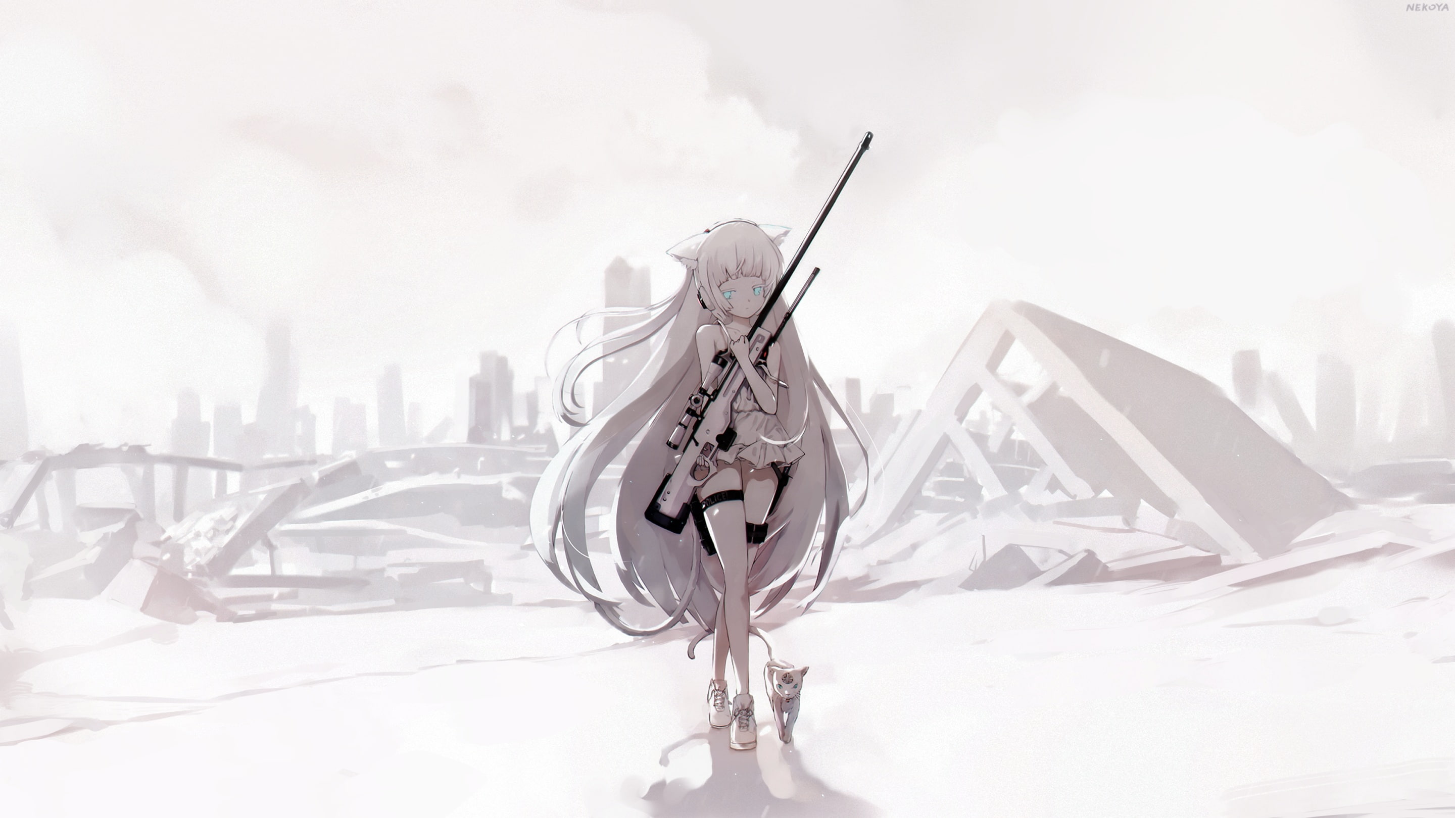 white, catgirl, animal, ears, cat, creativity, eyes, gun, aqua, 262753, representation, dress, hair, white color, architecture, lifestyles, ruins, konachan, HD Wallpaper