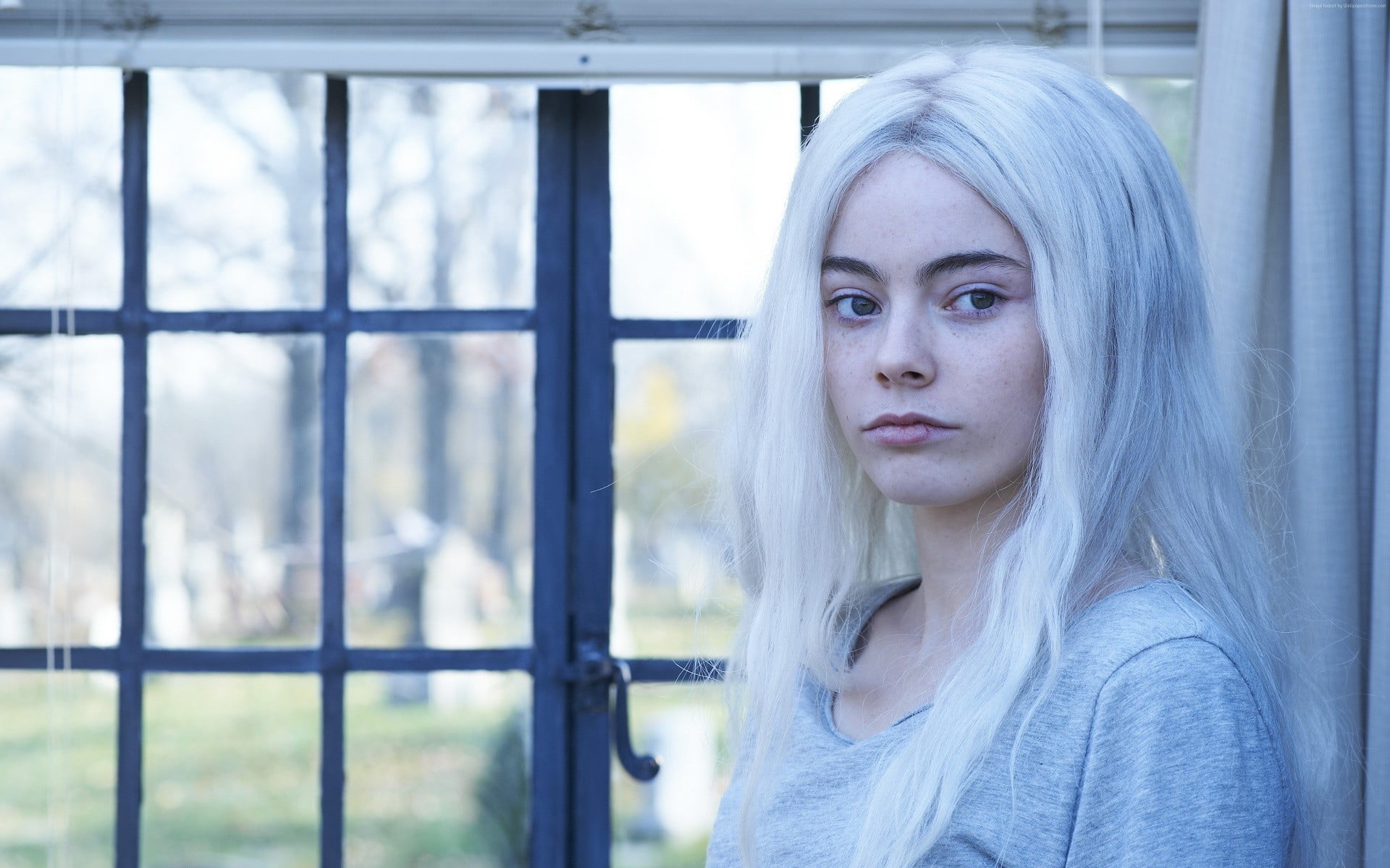 face, white hair, depression - sadness, 1080P, serious, actress, front view, looking, long hair, hair, young adult, watching, Hemlock Grove, beautiful woman, HD Wallpaper