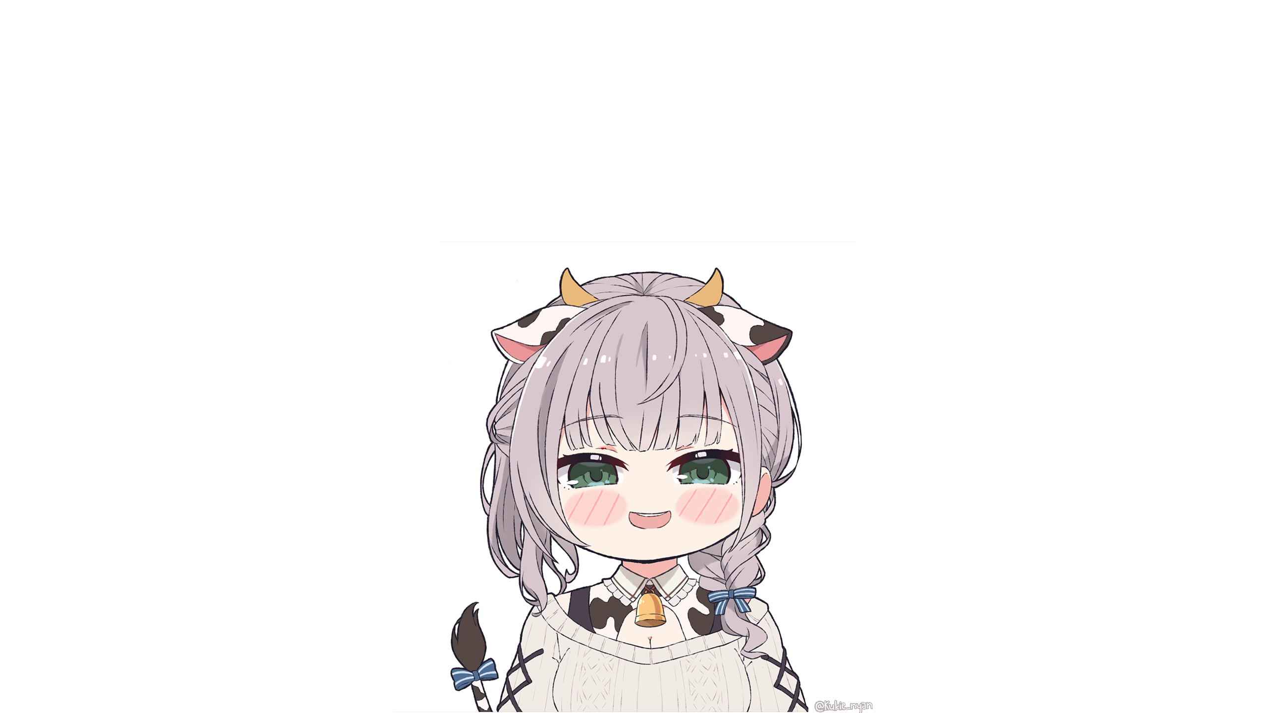 2K, horns, green eyes, kukie -nyan, Hololive, white hair, Shirogane Noel, cow, HD Wallpaper
