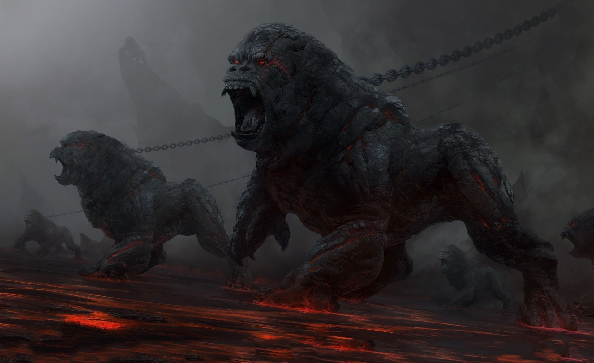 animal wildlife, art and craft, sculpture, statue, cold temperature, gorillas, artwork, fantasy art, representation, nature, mammal, fog, 1080P, creativity, HD Wallpaper