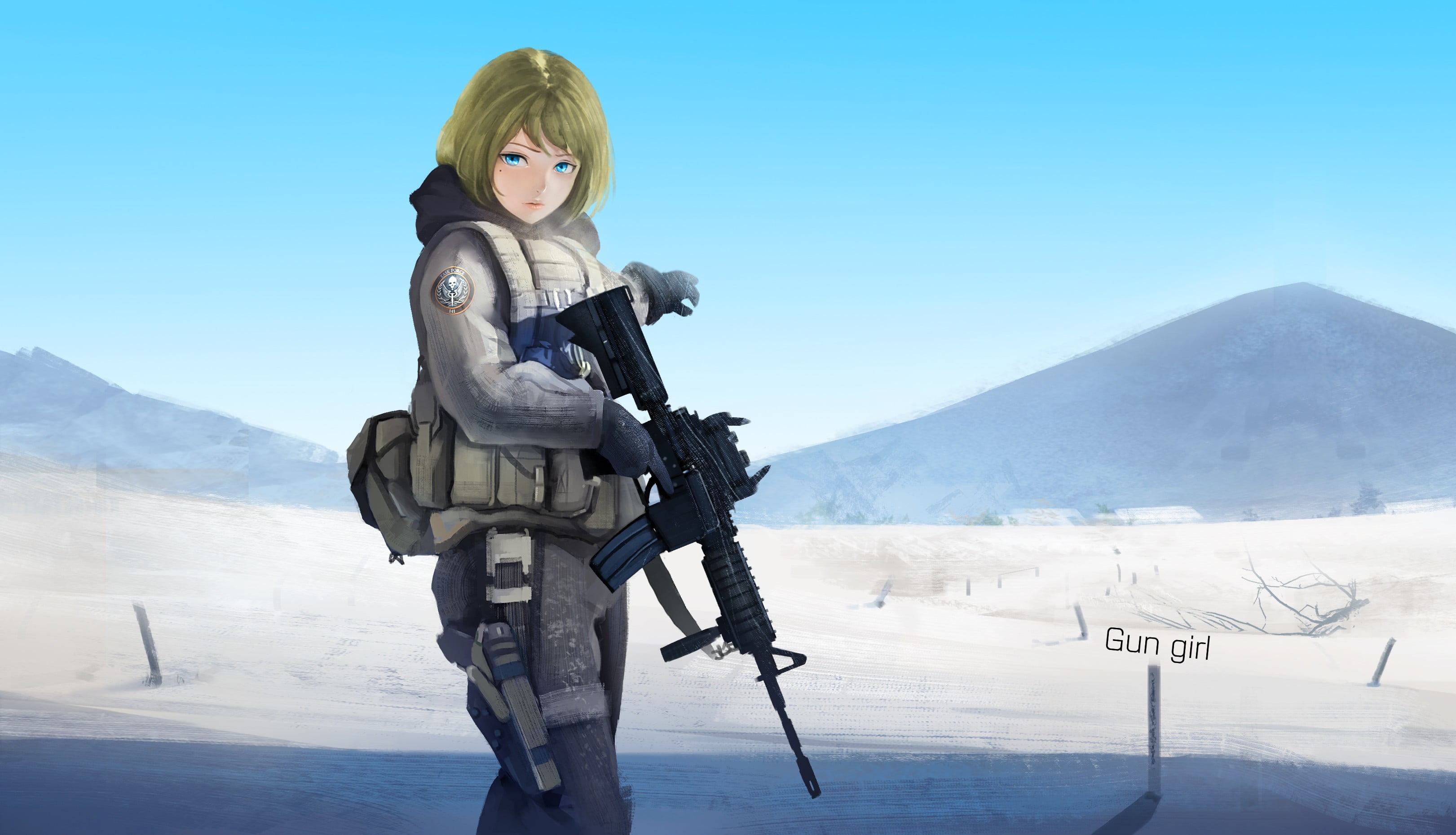 2K, winter, technology, anime girls, blue eyes, one person, weapon, snow, special forces, original characters, mountain range, nature, cold temperature, HD Wallpaper