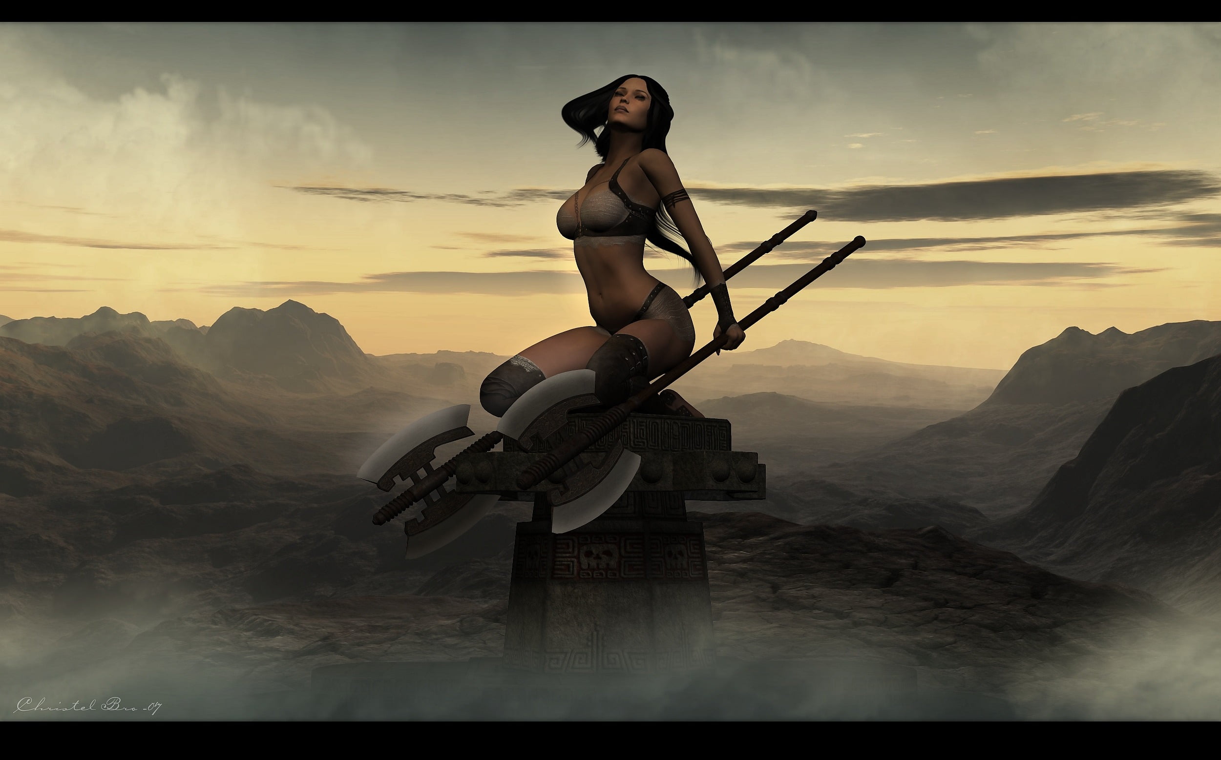 1080P, sunset, cloud - sky, weapon, bikini, nature, auto post production filter, women, sky, young adult, leisure activity, one Person, females, full length, HD Wallpaper