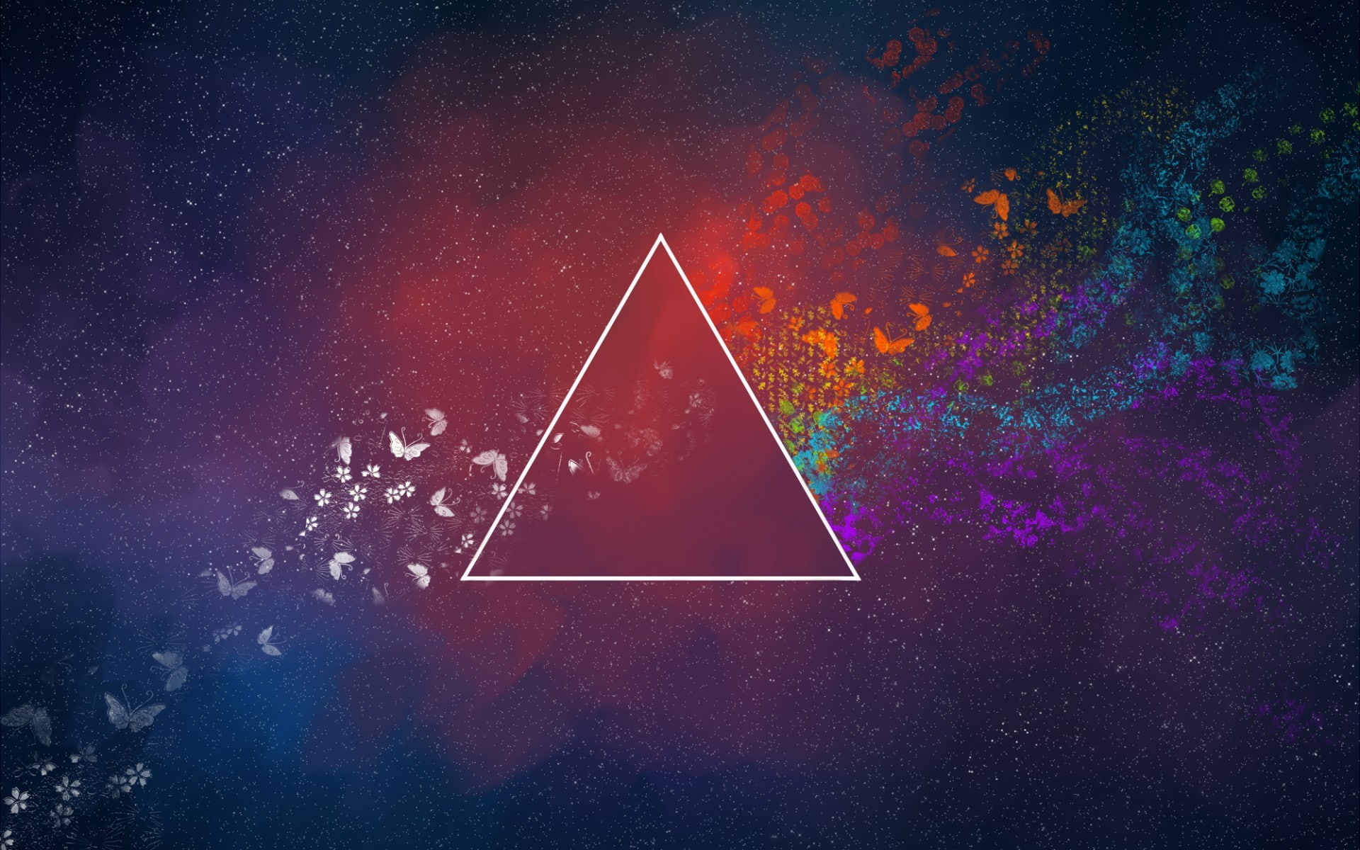 triangle, digital art, butterfly, 1080P, colorful, abstract, minimalism, Pink Floyd, The Dark Side of the Moon, HD Wallpaper