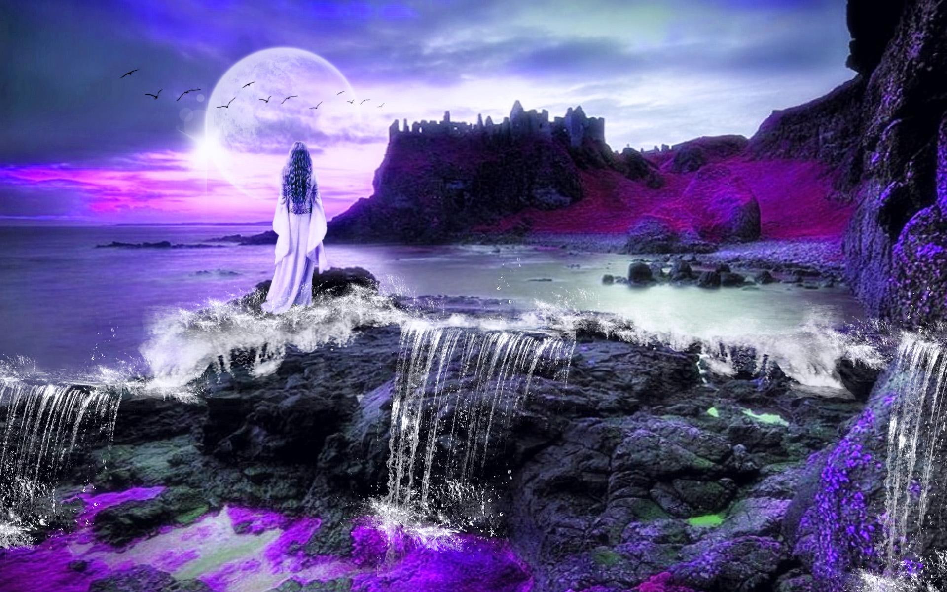 contrast, wearing, 1080P, long, woman, illustration, lady, falls, celtic, moon, princess, dress, standing, white, 3d and abstract, purple, HD Wallpaper