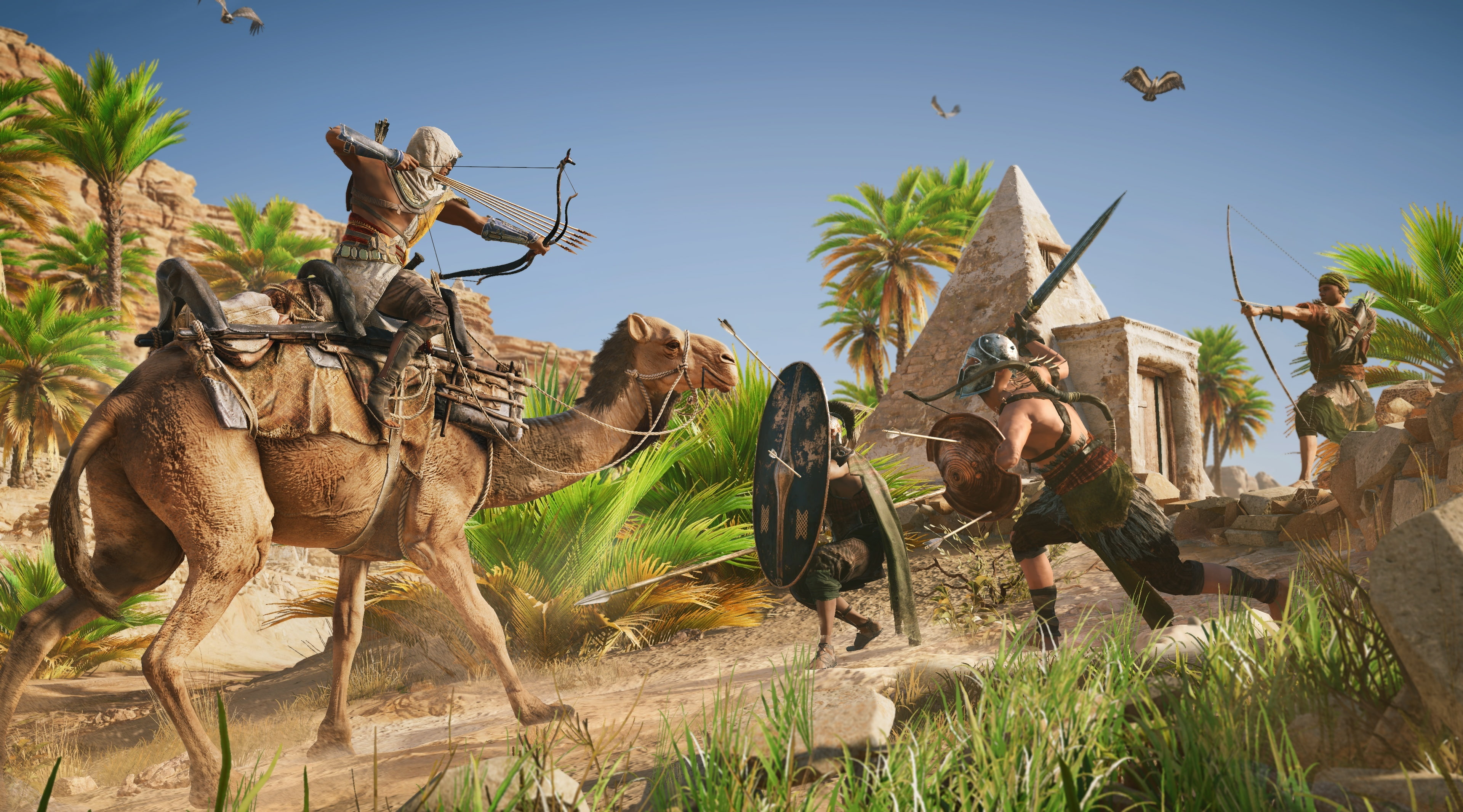 tree, assassins, men, land, 2017, ptolemaic, camel, occupation, people, origins, Egypt, group of people, built structure, assassin, videogame, camelback, HD Wallpaper