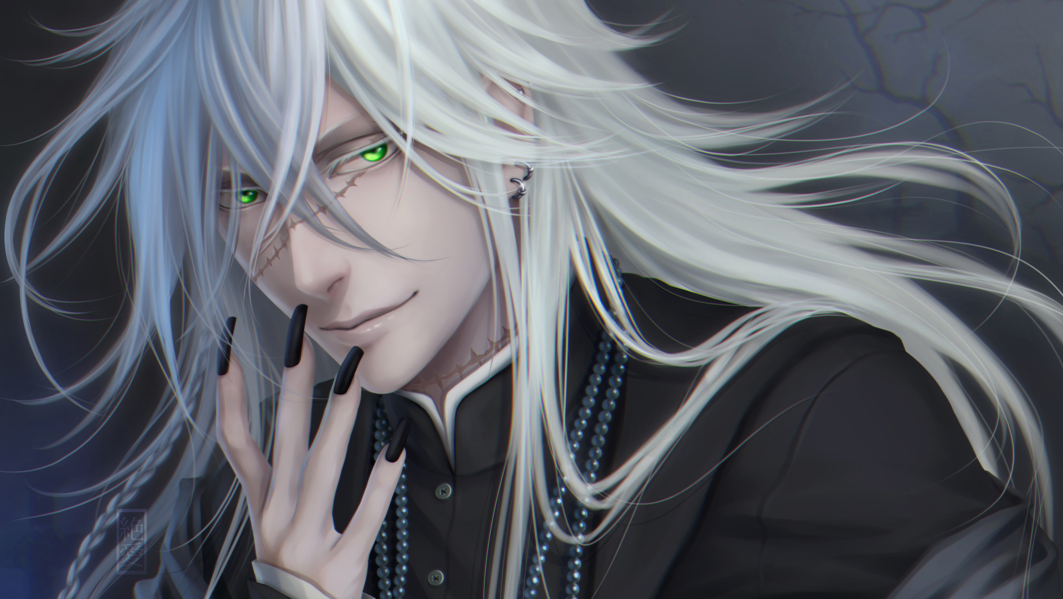 Black Butler, smile, guy, Zetsuai89, 2K, look, art, scars, undertaker, earring, HD Wallpaper