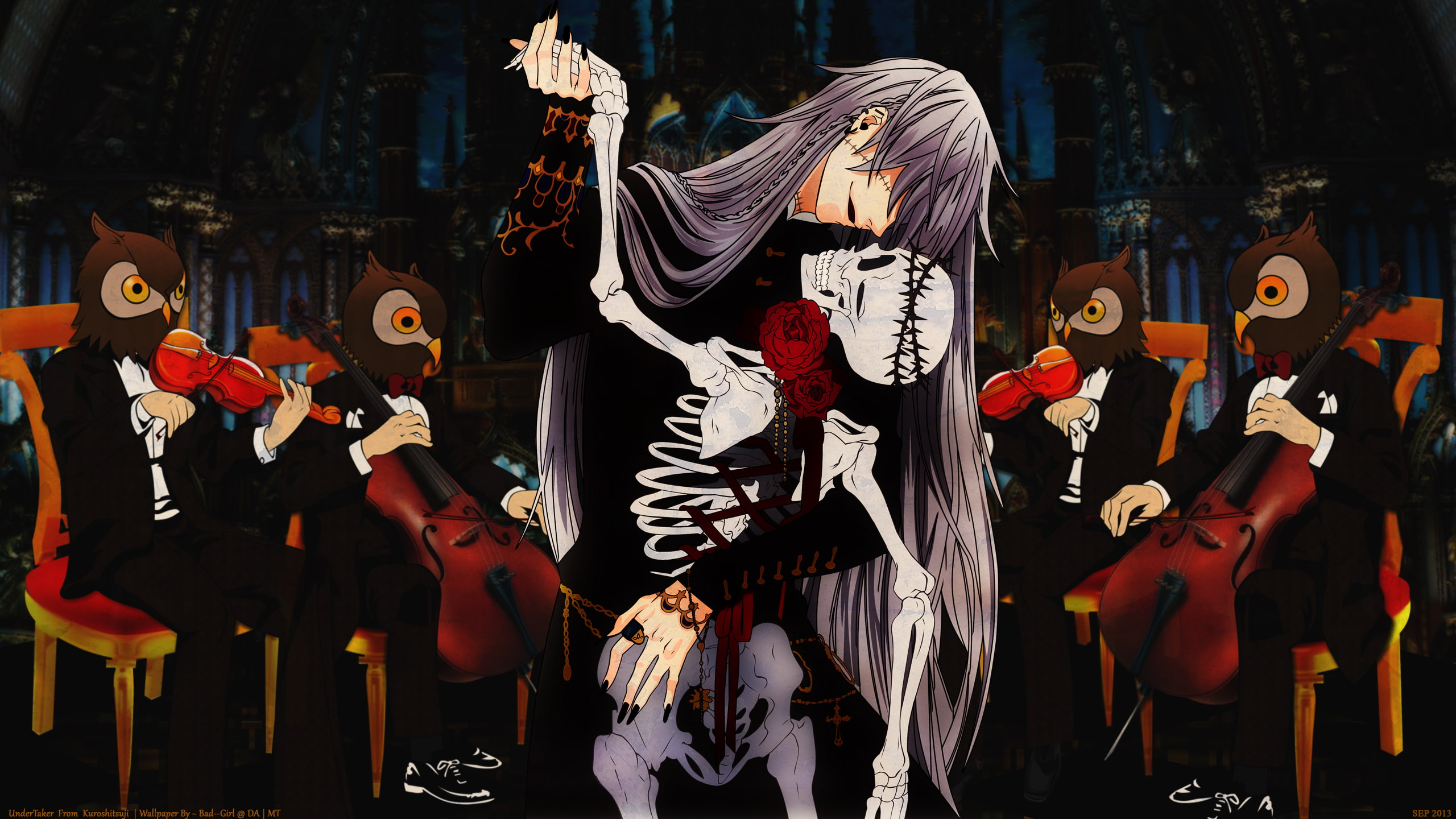 cello, violin, undertaker, rose, flowers, kuroshitsuji, 2K, skull, music, HD Wallpaper