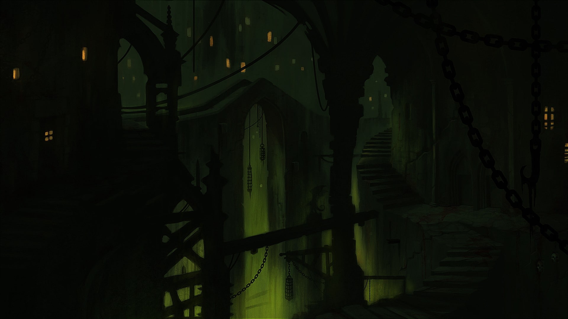 nature, concept art, green color, built structure, 1080P, silhouette, no people, staircase, tranquility, video games, Castlevania, growth, metal, lighting equipment, HD Wallpaper