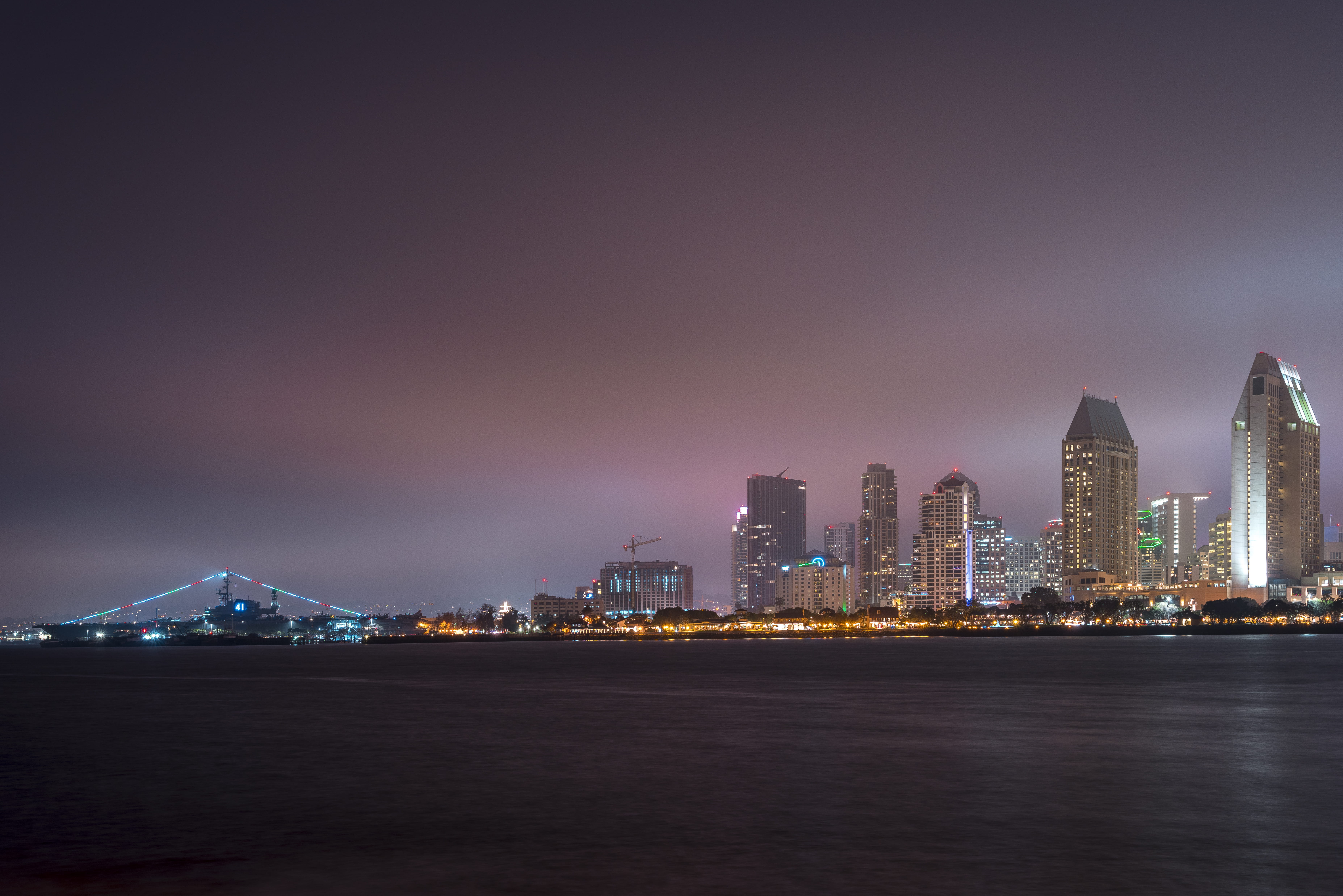travel destinations, beach, centennial park, building exterior, city, night, city lights, skyscraper, sea, sky, outdoors, tall - high, cityscapes, fog, HD Wallpaper