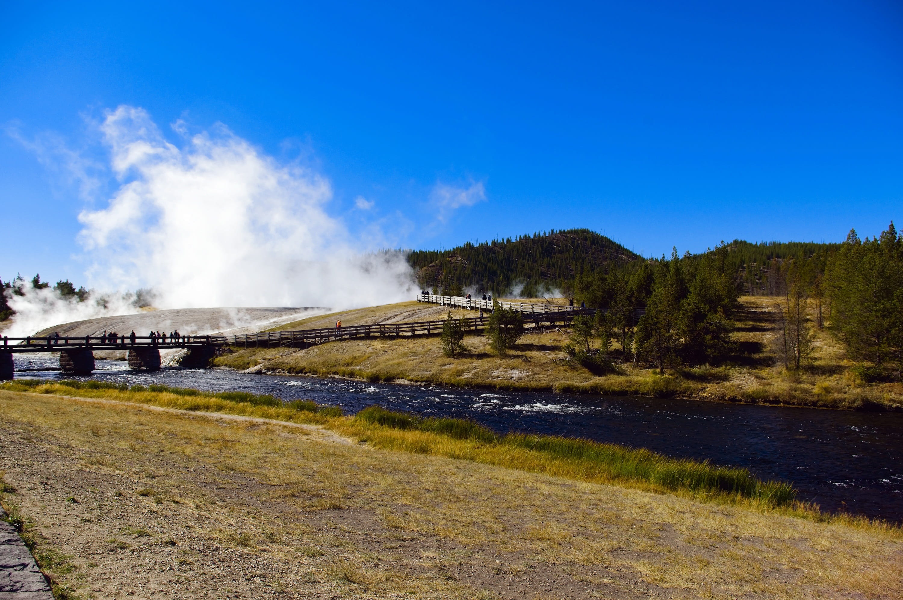 power in nature, sky, steam, hot spring, grass, environment, 2K, thermal, park, firehole, midway, plant, yellowstone, scenics - nature, tranquil scene, HD Wallpaper