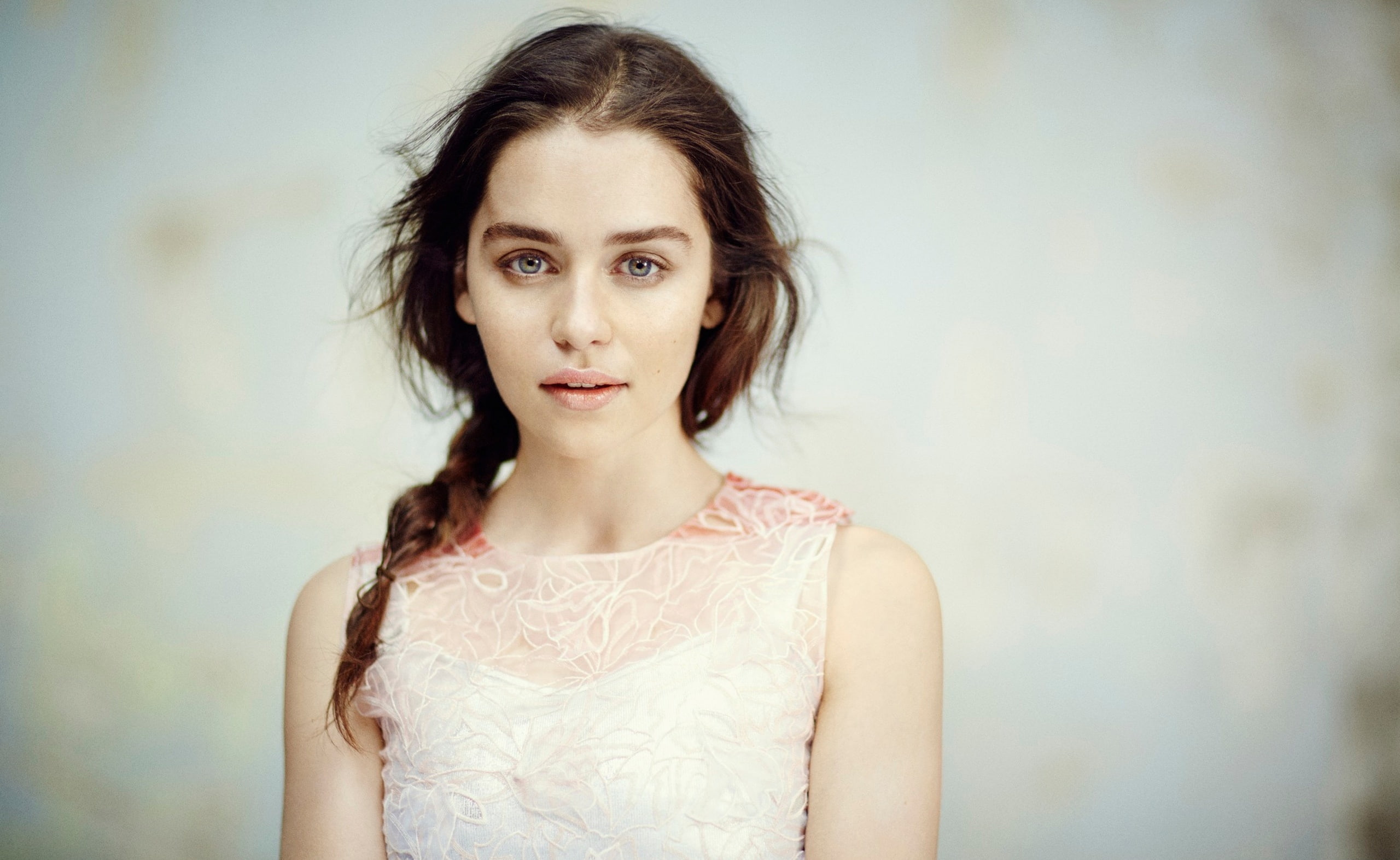 hair, dress, young adult, portrait, looking at camera, actress, waist up, Movies, brown hair, clarke, Others, s, Girl, standing, front view, lace - textile, HD Wallpaper