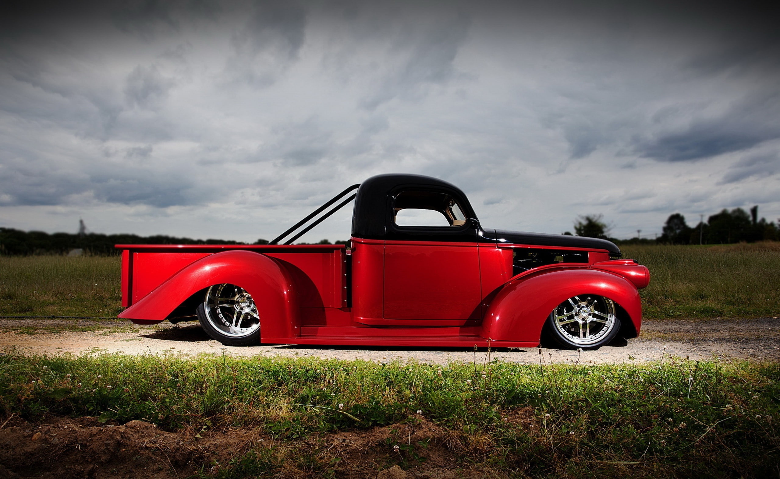 stationary, nature, transportation, land, day, cab, Chevy, red, truck, retro styled, cloud - sky, overcast, pickup, motor vehicle, hot, grass, field, rod, HD Wallpaper
