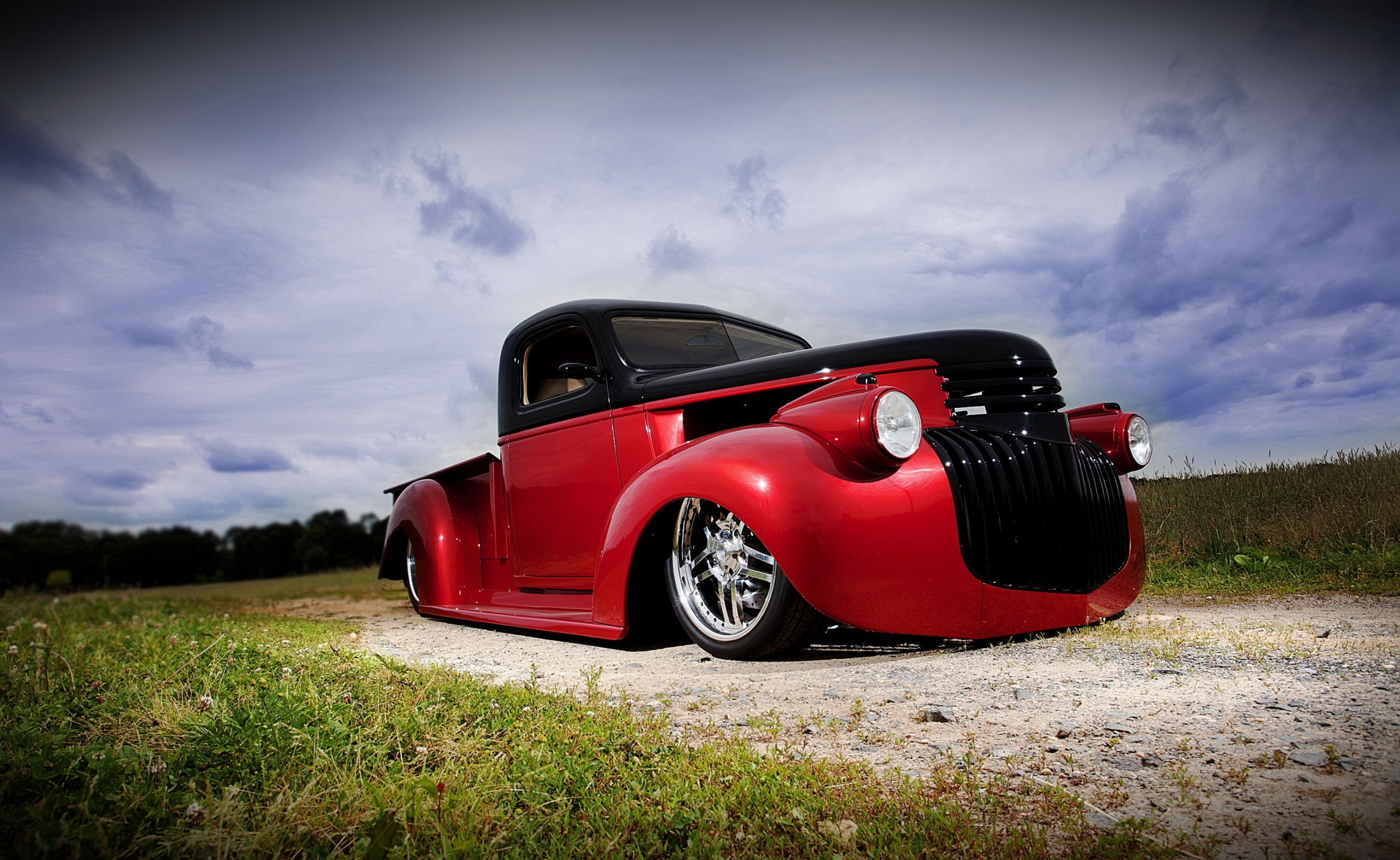 truck, day, rod, plant, grass, land, transportation, black, cloud - sky, sky, vignette, motor vehicle, 1946, Pick, red, hot, single, land vehicle, Classic Cars, HD Wallpaper