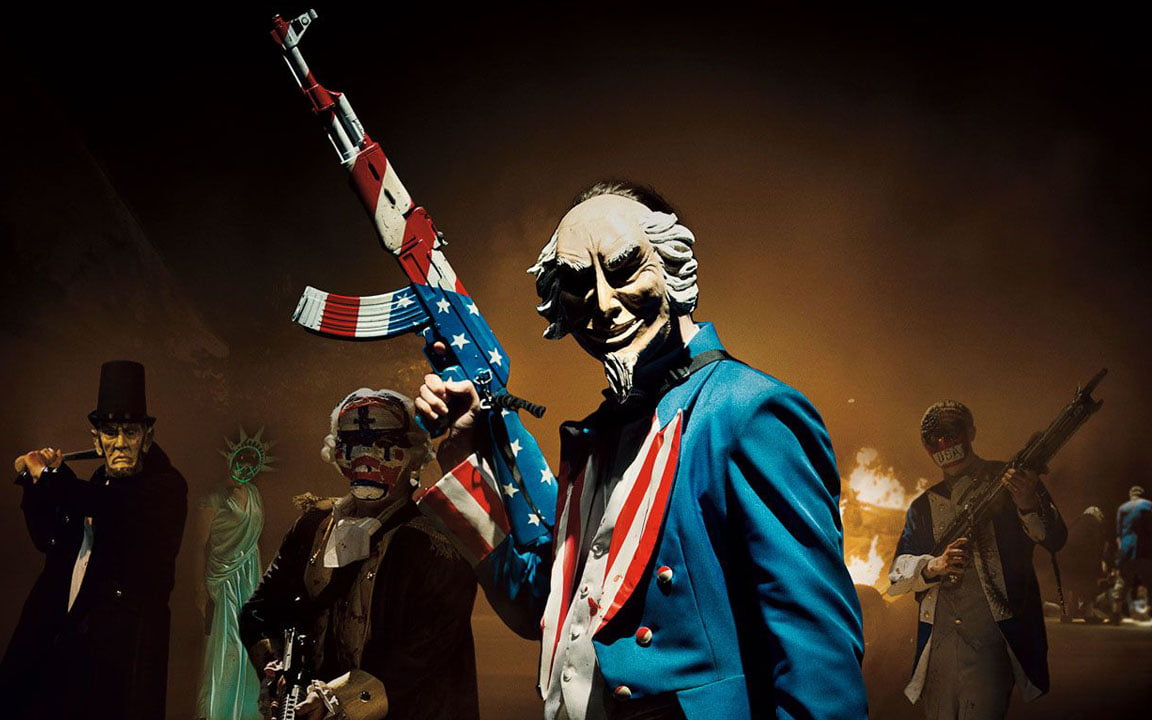 celebration, horror, standing, poster, purge, night, 480P, arms raised, Hollywood Movies, spooky, hollywood, waist up, male likeness, knife - weapon, human skeleton, HD Wallpaper