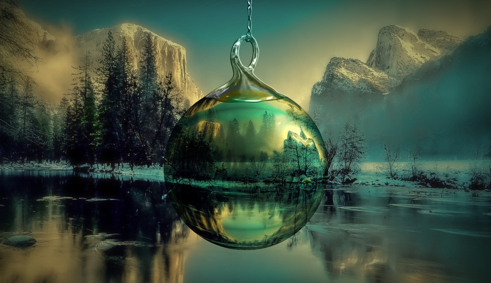 reflections, forest, in the, mystery, digital, fantasy, sphere, ball, water, sunset, trees, yosemite park, christmas ornament, purity, sky, christmas, glass - material, HD Wallpaper