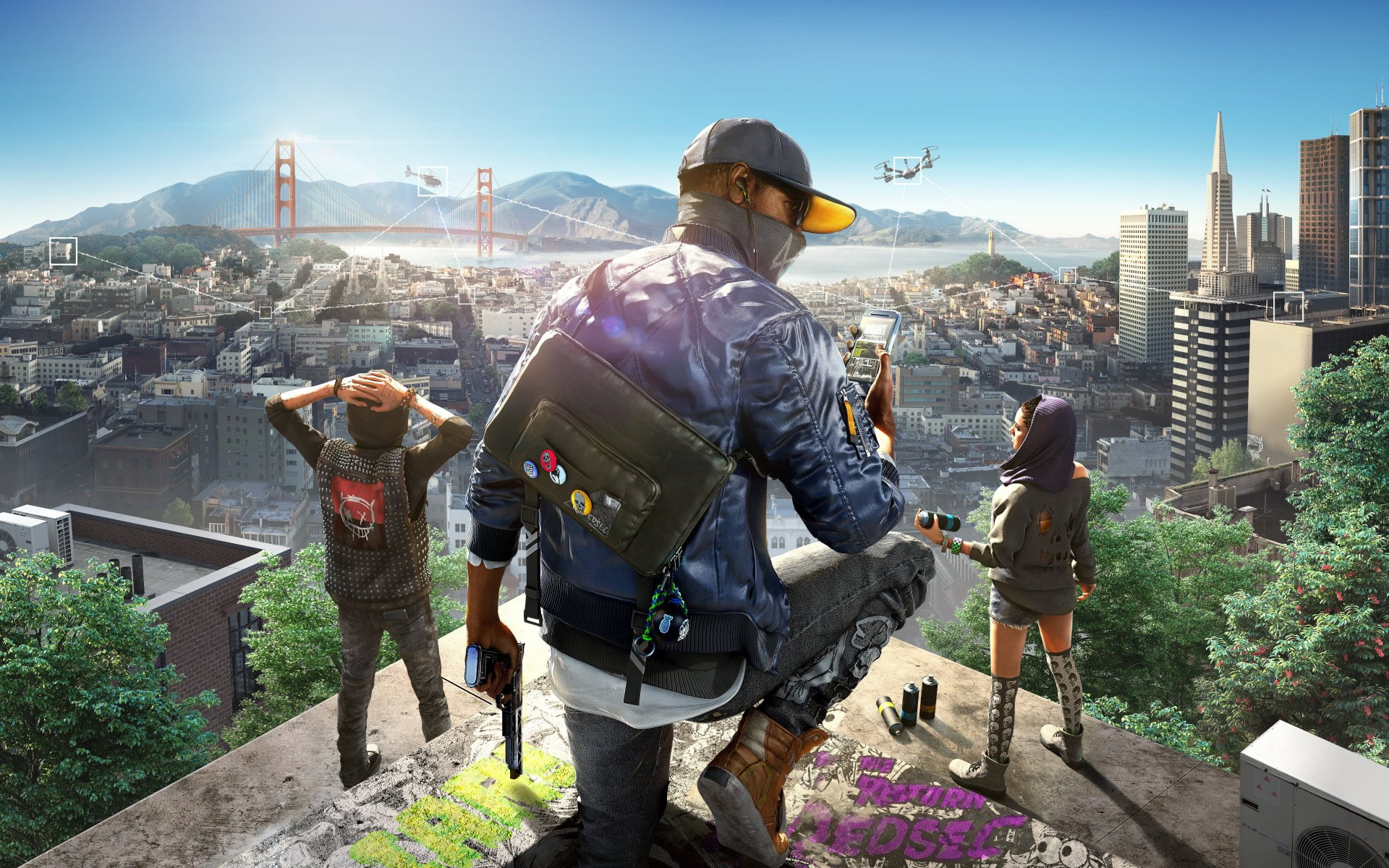 real people, casual clothing, nature, people, built Structure, tourist, urban Scene, full length, mountain range, game, watch, cover, urban Skyline, Watch Dogs 2, HD Wallpaper
