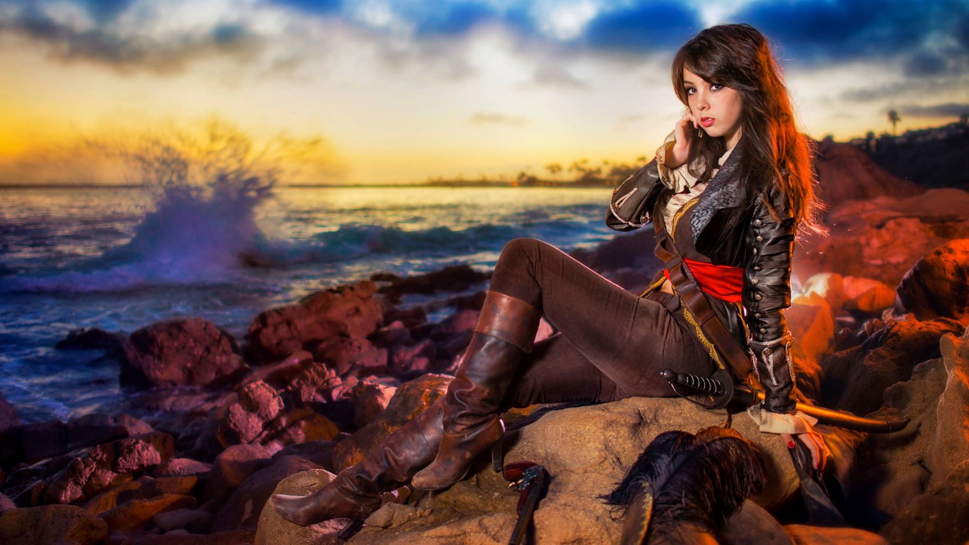 tock, adult, outdoors, beauty, long hair, women, fashion, Assassins Creed, beautiful people, pirates, cosplay, Monika Lee, nature, sea, hairstyle, HD Wallpaper