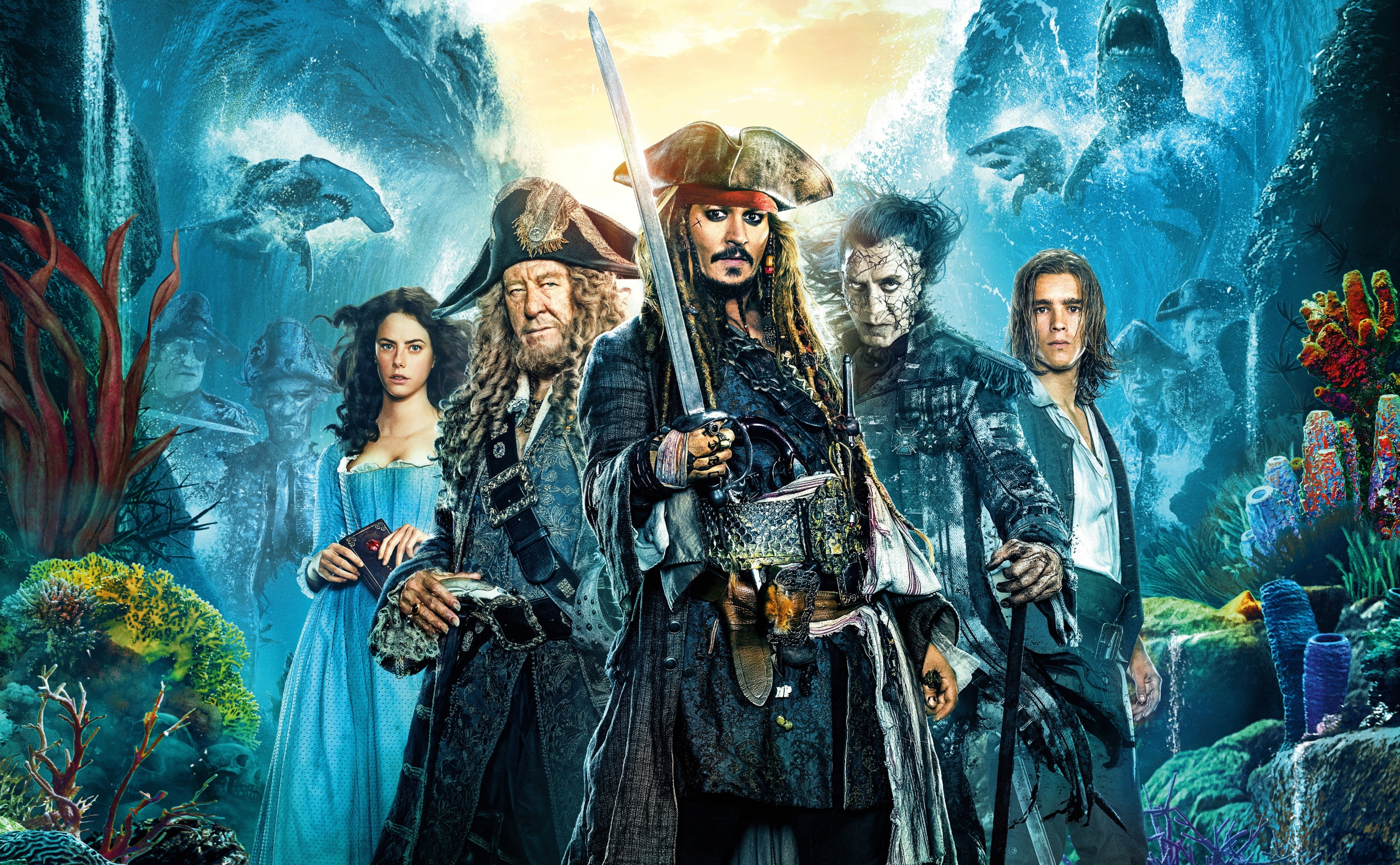 4K, warm clothing, beautiful woman, Movies, young men, fun, standing, clothing, front view, tell, carribean, caribbean, jacksparrow, Barbossa, men, artwork, HD Wallpaper