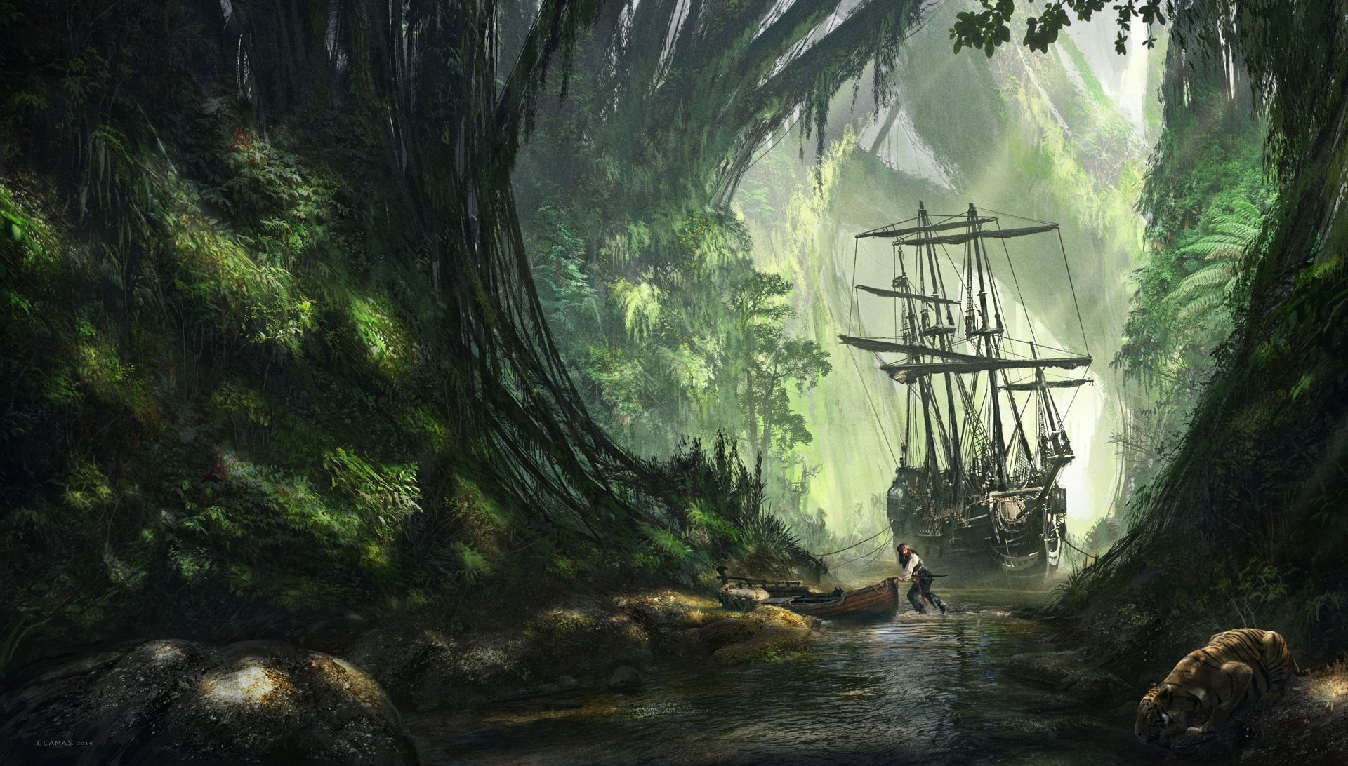 Forest, 1080P, River, Ship, Fantasy, Jack Sparrow, Tiger, Pirate, HD Wallpaper