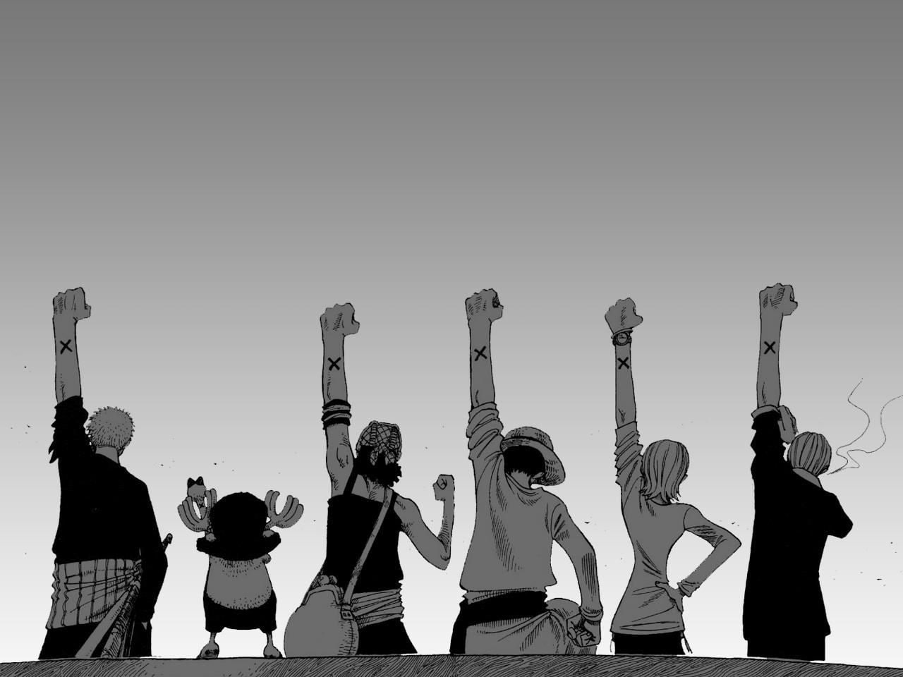 Sanji, One Piece, Usopp, Roronoa Zoro, Tony Tony Chopper, 720P, anime, Nami, monochrome, strawhat pirates, Monkey D. Luffy, fists, HD Wallpaper