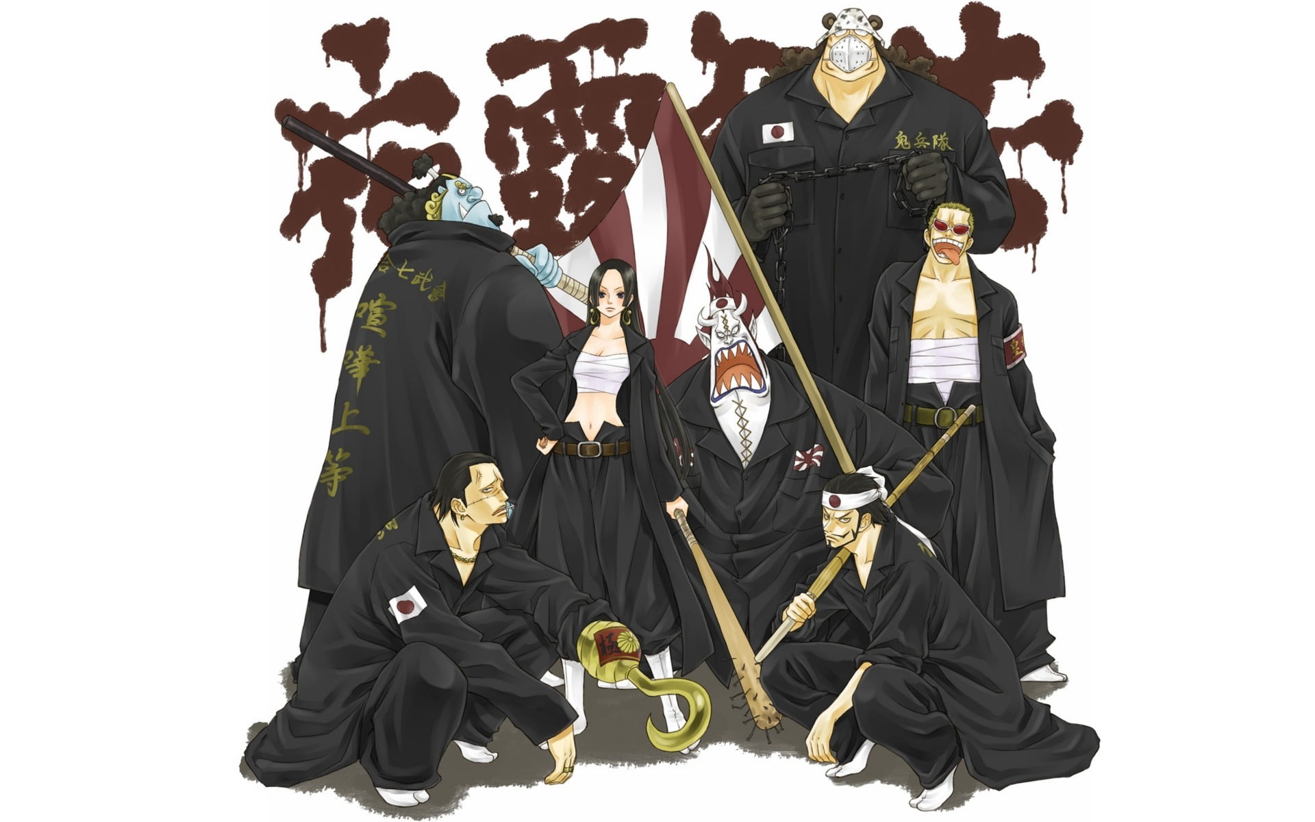 clothing, Jinbei, One Piece, Boa Hancock, military, uniform, characters, black, cut out, group of people, men, group, protection, standing, full length, HD Wallpaper
