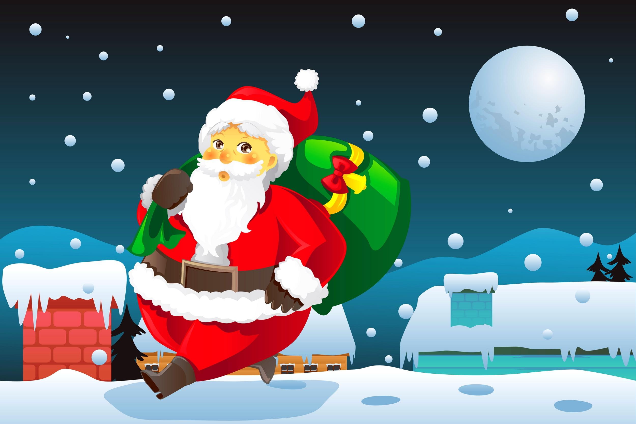 artwork, snow, santa, night, claus, moon, santa claus, christmas, 3d and abstract, winter, xmas, jolly, 1080P, HD Wallpaper