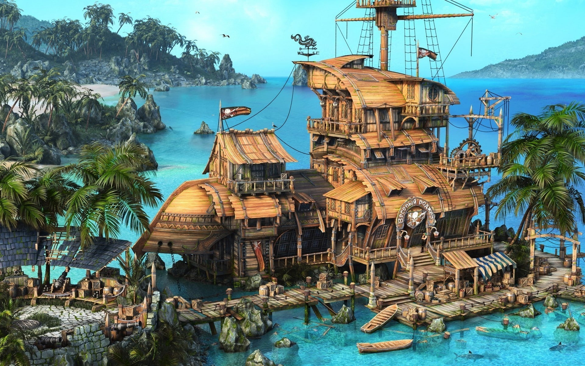 nature, mod, paintings, oceans, russian, tropical, art, ships, jolly, islands, ocean, 1080P, sharks, bar, buildings, trees, hd, rog, pirates, palm, HD Wallpaper