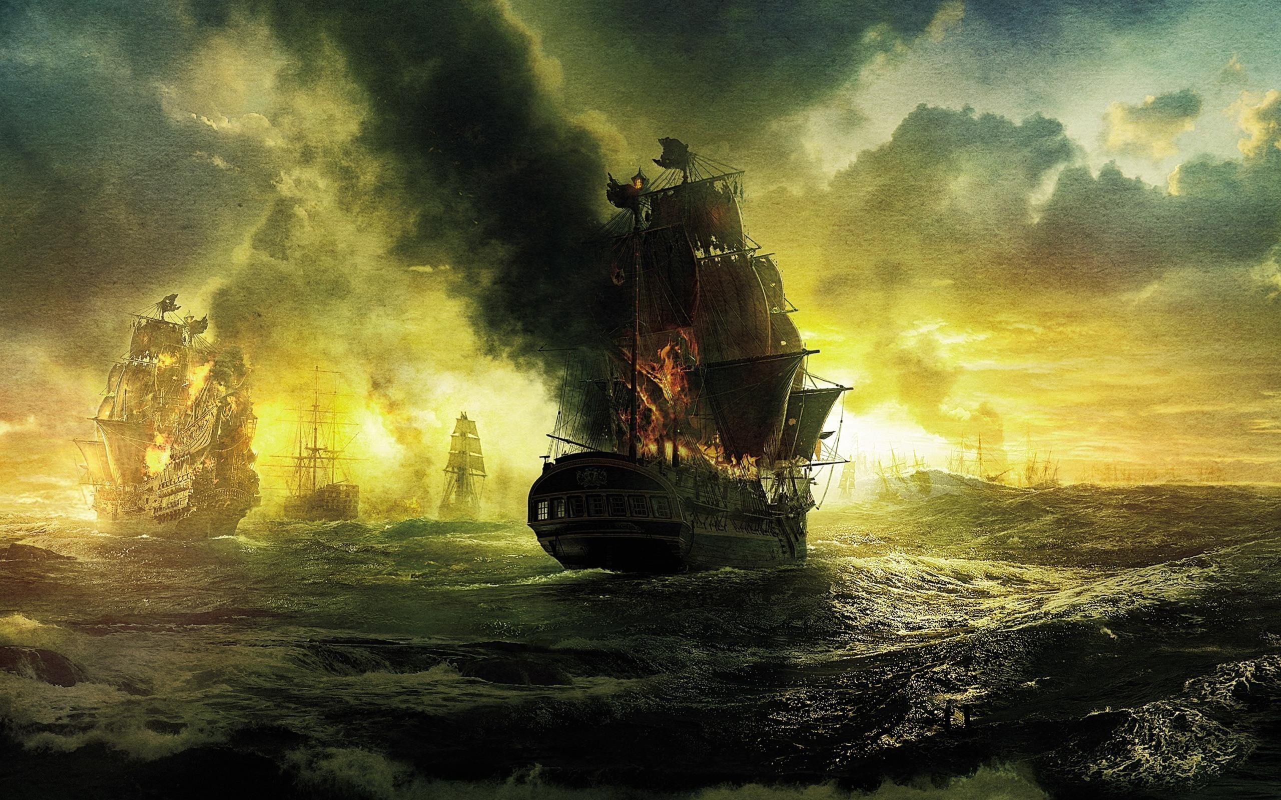 pirates, ship, boat, 2K, carribean, drawing, tide, movie, digital, stranger, wood, HD Wallpaper