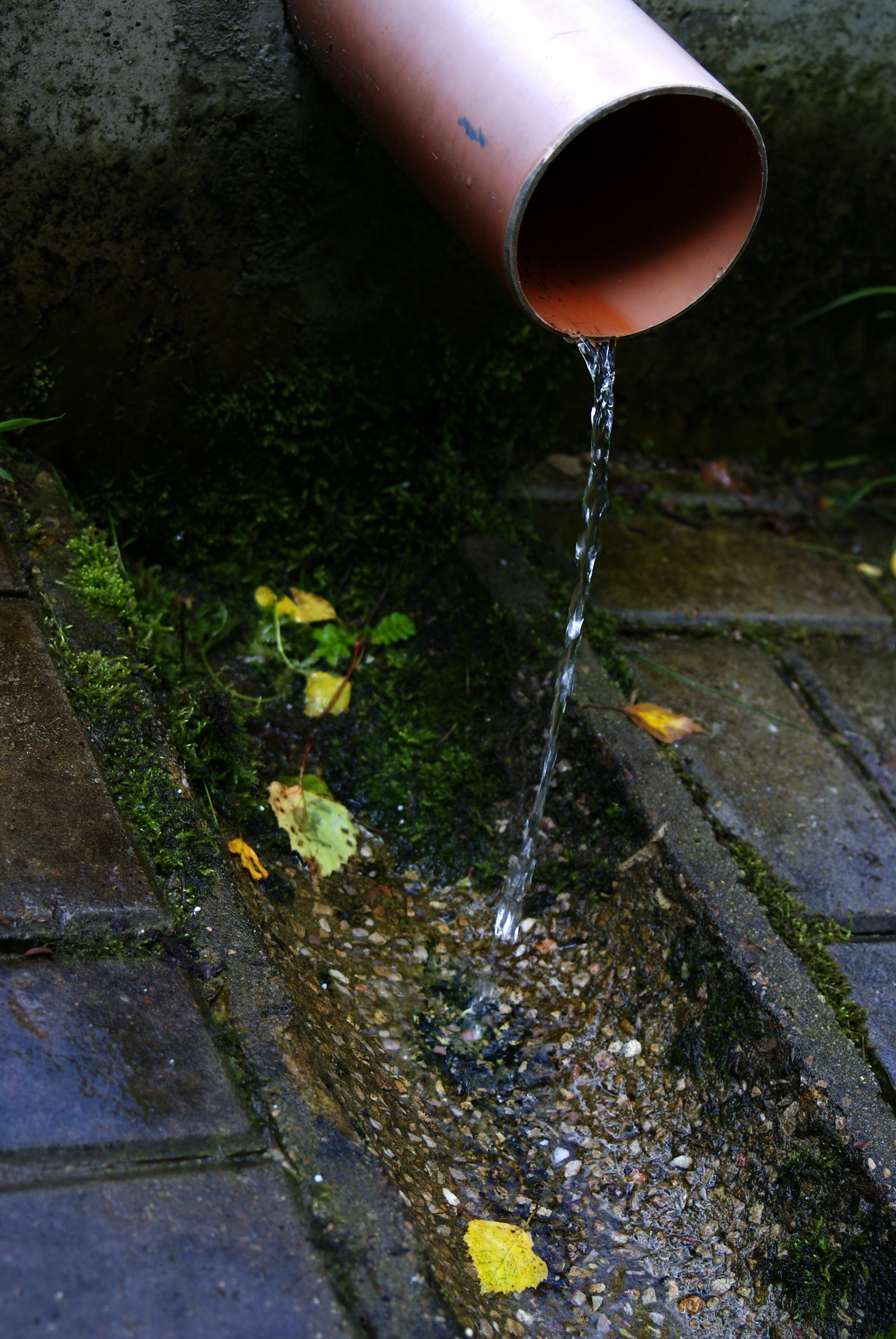 outflow, stone, no people, purity, nature, running water, channel, drops, falling, street, motion, city, day, pollution, pavement, walkway, moss, 4K, drop, Phone HD Wallpaper