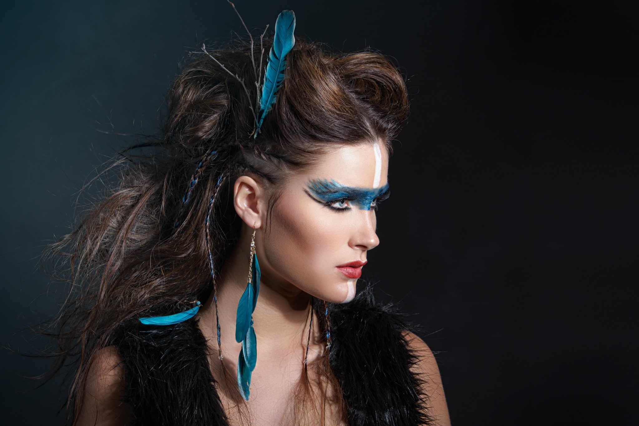 dreadlocks, brunette, portrait, eyeliner, 1080P, model, face paint, women, red lipstick, HD Wallpaper