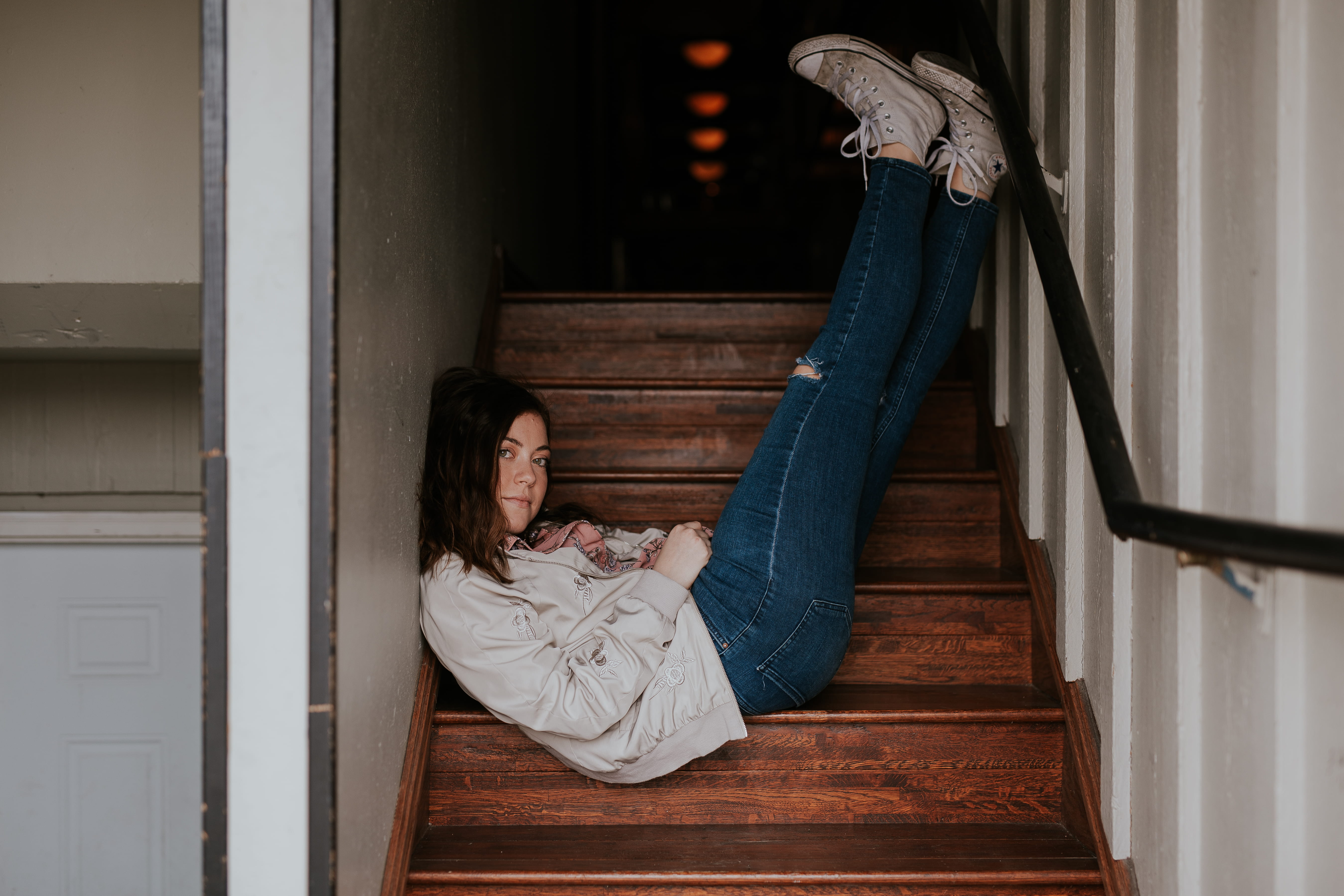 lady, girl, model, 5K, lying, person, indoor, wood, full length, hairstyle, stairs, brown hair, feet up, door, casual clothing, lifestyles, jeans, woman, HD Wallpaper