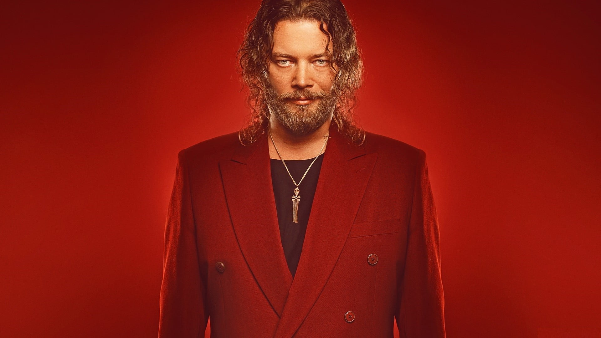 beard, males, necklace, human hair, 1080P, men, front view, jacket, colored background, facial hair, beautiful people, indoors, beards, studio shot, red, HD Wallpaper
