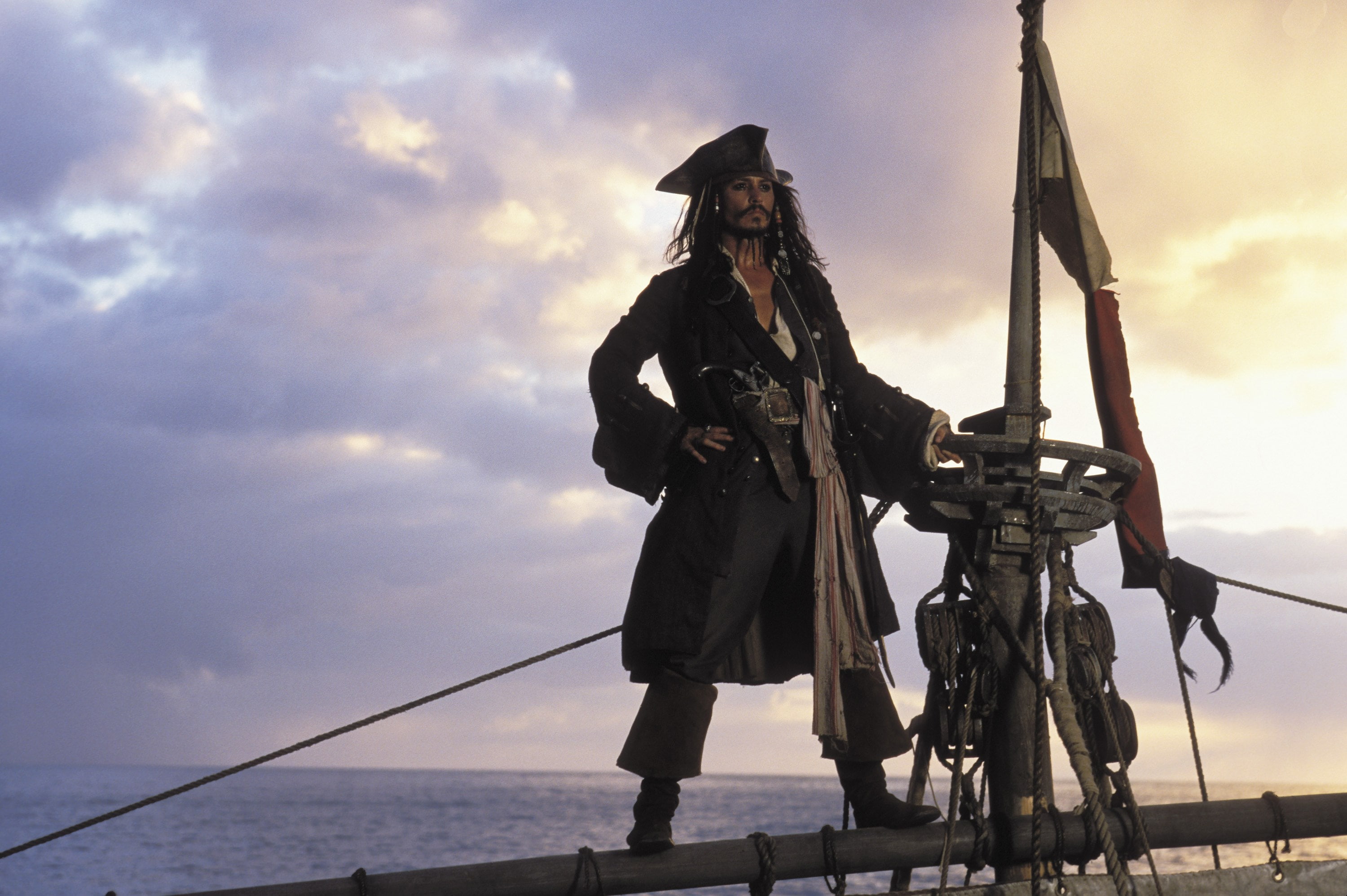 one person, sunset, water, hat, occupation, sea, cloud - sky, weapon, full length, pirates of the caribbean the curse of the black pearl, low angle view, HD Wallpaper