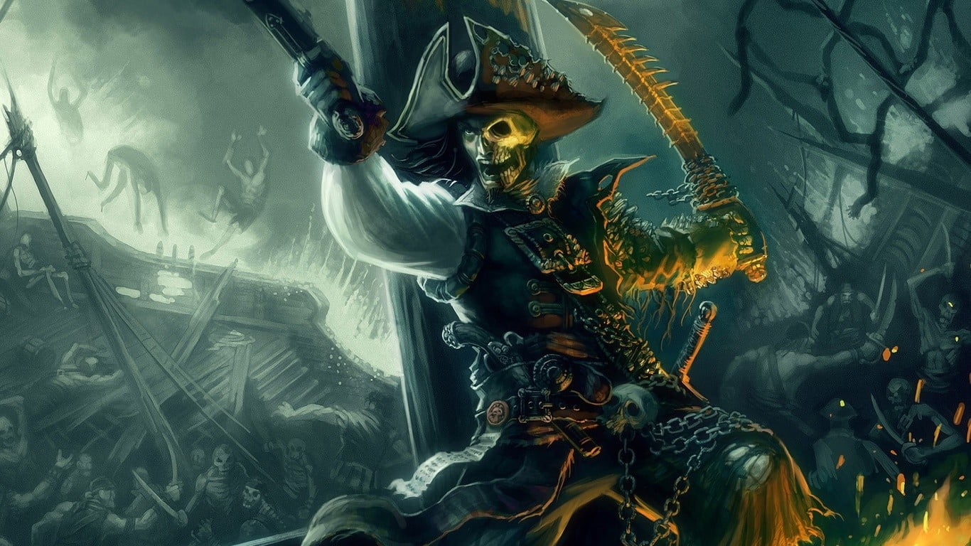arts culture and entertainment, indoors, skeleton, real people, pirates, nature, men, art and craft, digital, ship, people, fish, sword, storm, HD Wallpaper