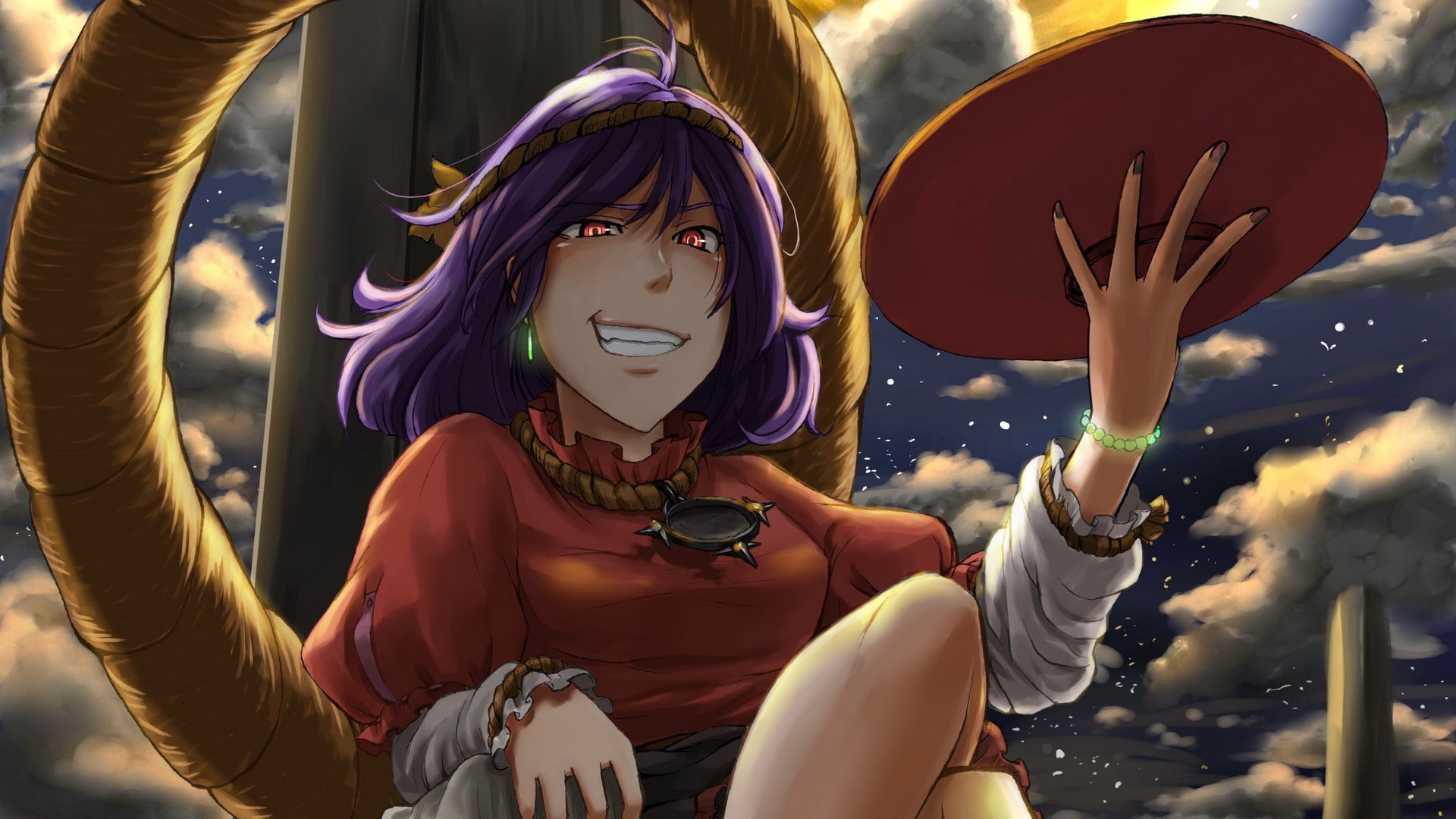 hair, earrings, video, kanako, girls, ornaments, polish, clouds, bracelets, ropes, shimenawa, goddess, skies, sitting, yasaka, grin, purple, touhou, games, HD Wallpaper