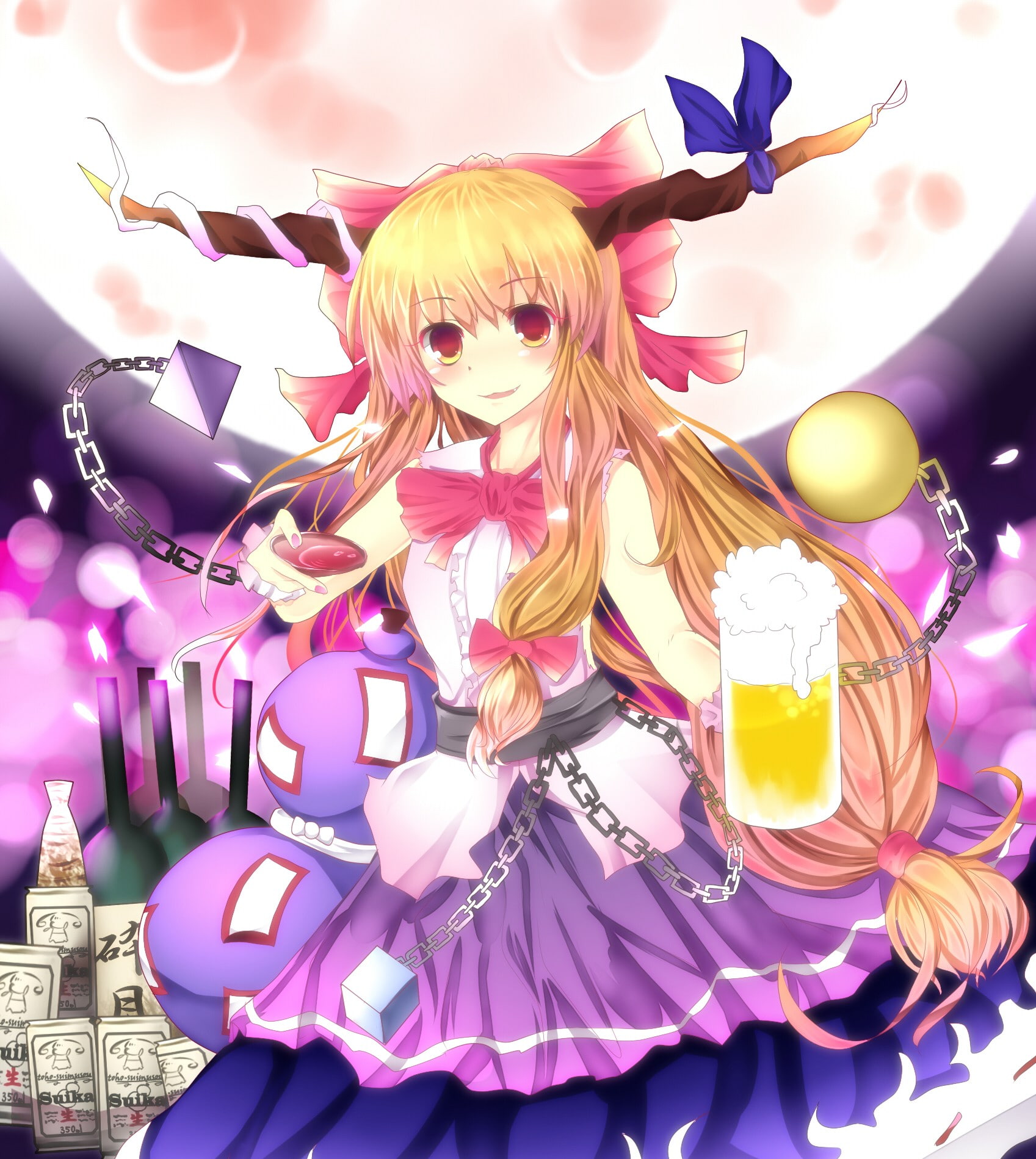 ibuki, 720P, long, touhou, suika, moon, women, sakazuki, blossoms, cups, alcohol, sake, glass, hair, flowers, cherry, night, blondes, horns, Phone HD Wallpaper